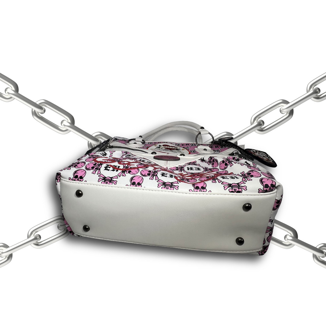 NWT Ed Hardy Pink and White Skull Rhinestone Love Kills Slowly Tote Bag Charm