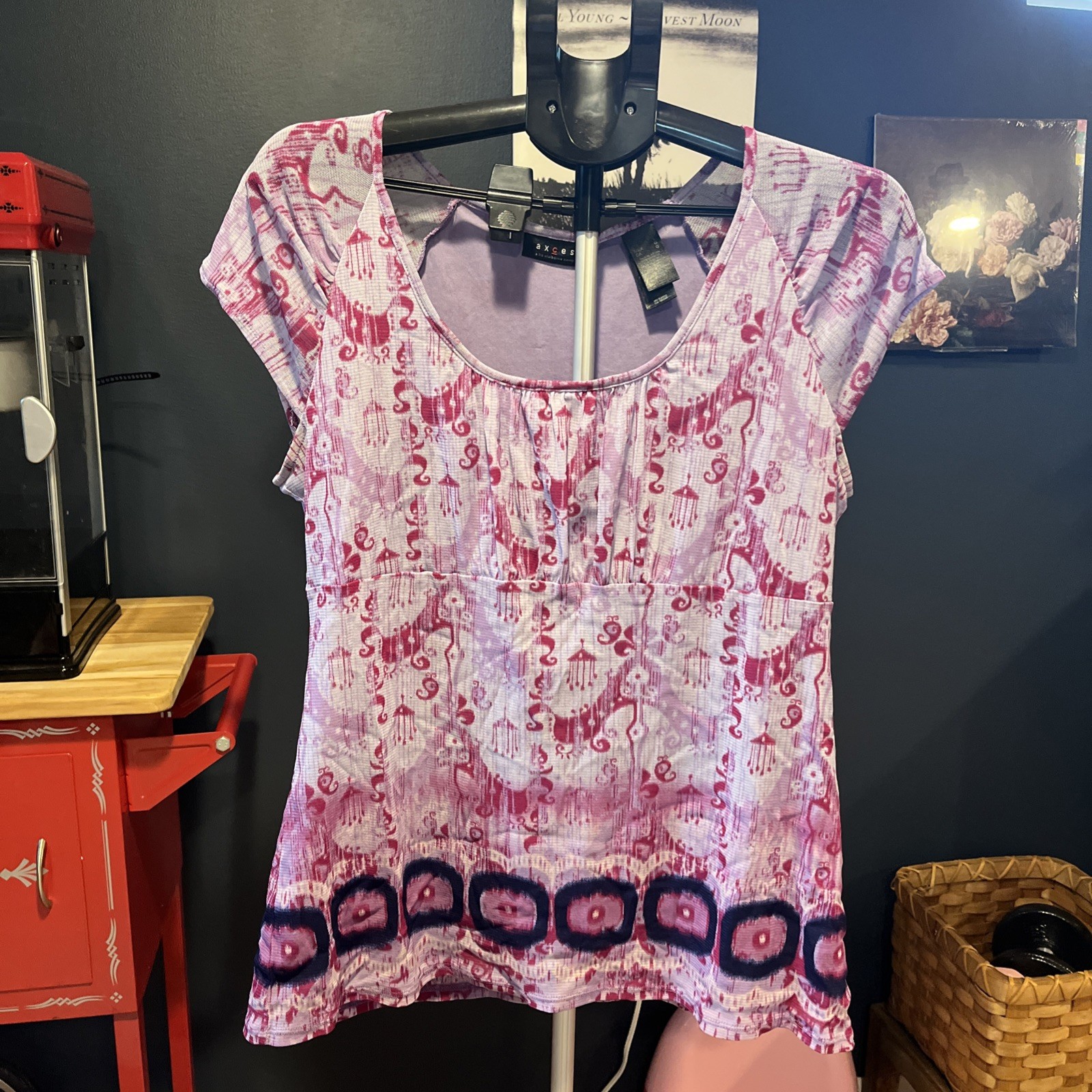 Axcess L Top Stretch Purple Blouse Lined Baby doll Top- Purple w sheer lining