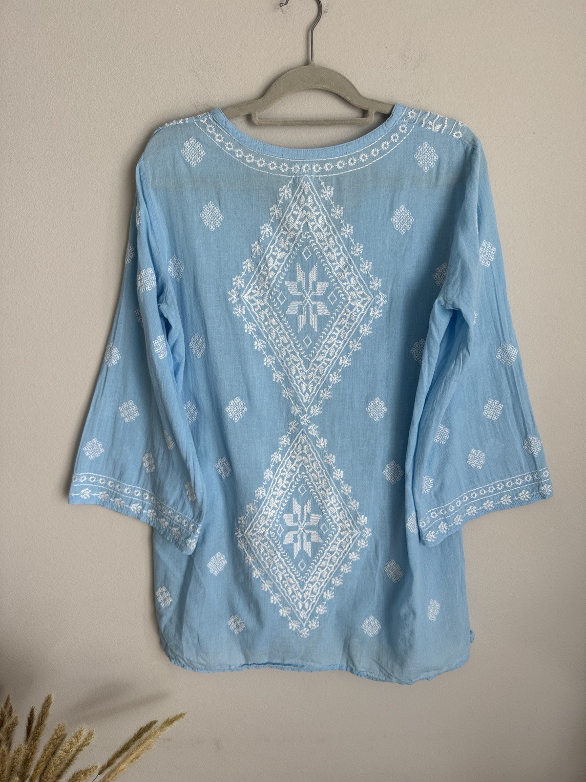 Surf Gypsy Blue Embroidered Cotton Tunic Boho Beach Cover Up Top Medium