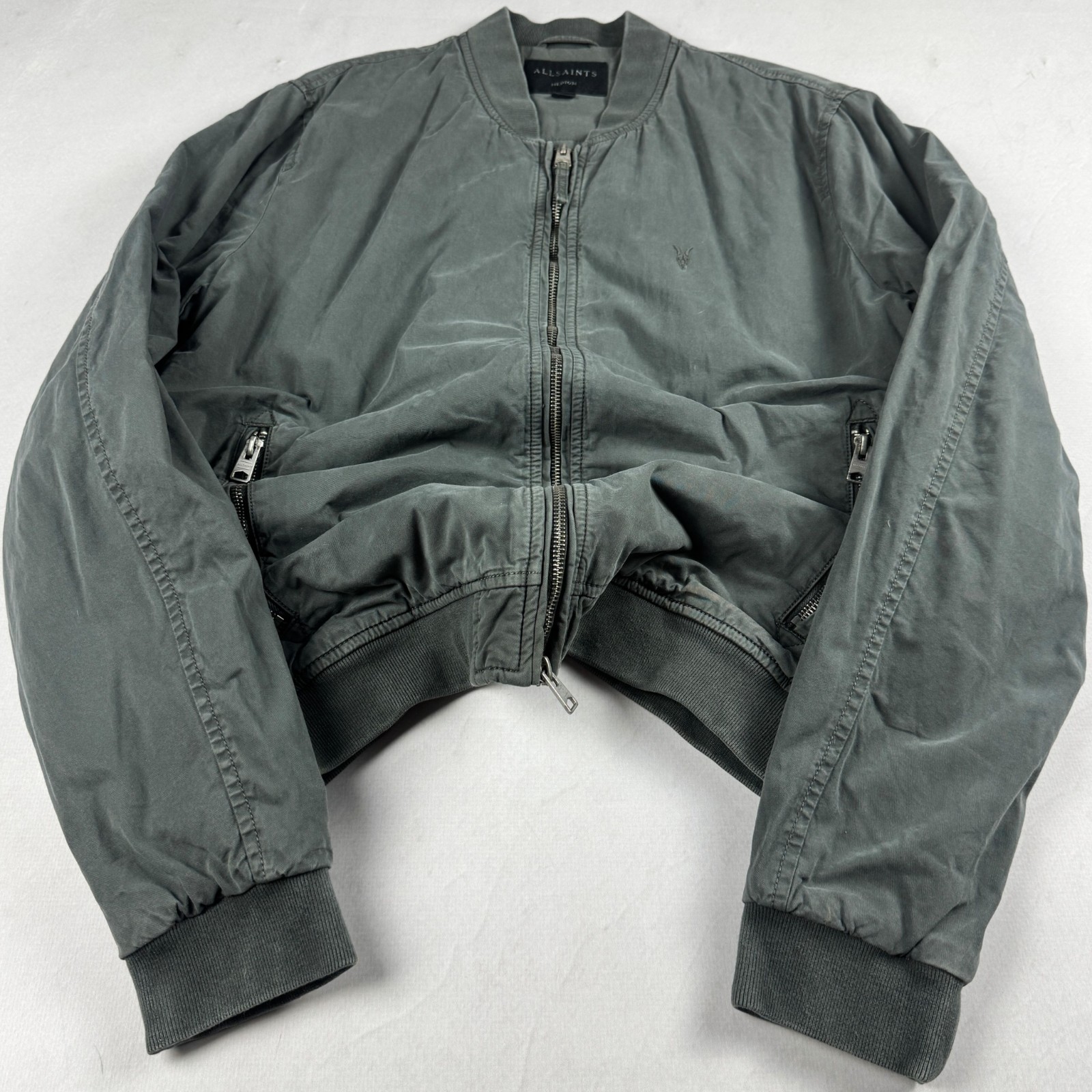 Mens AllSaints Bomber Jacket Grey Minimalist Flight Jacket Casual Outerwear