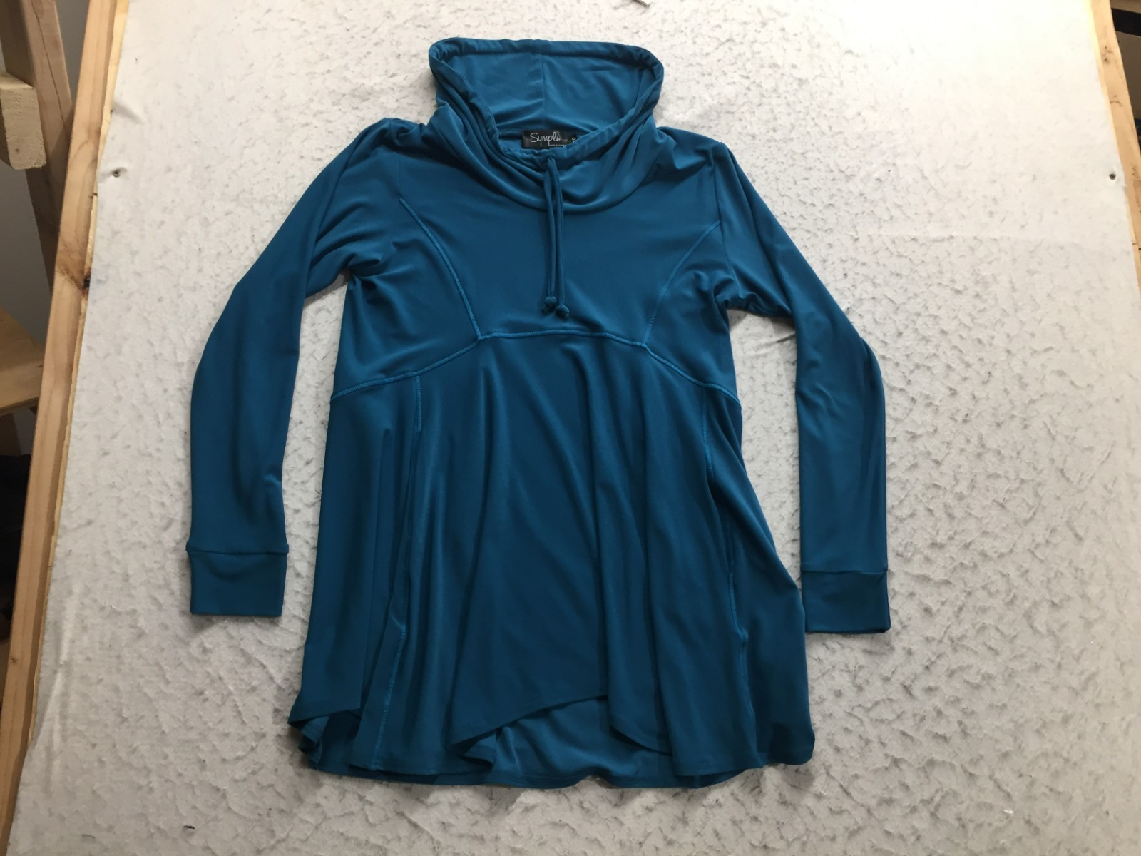 Sympli Tunic Blouse Womens 10 Dark Teal Cowl Neck Drawstring Long Sleeve Stretch