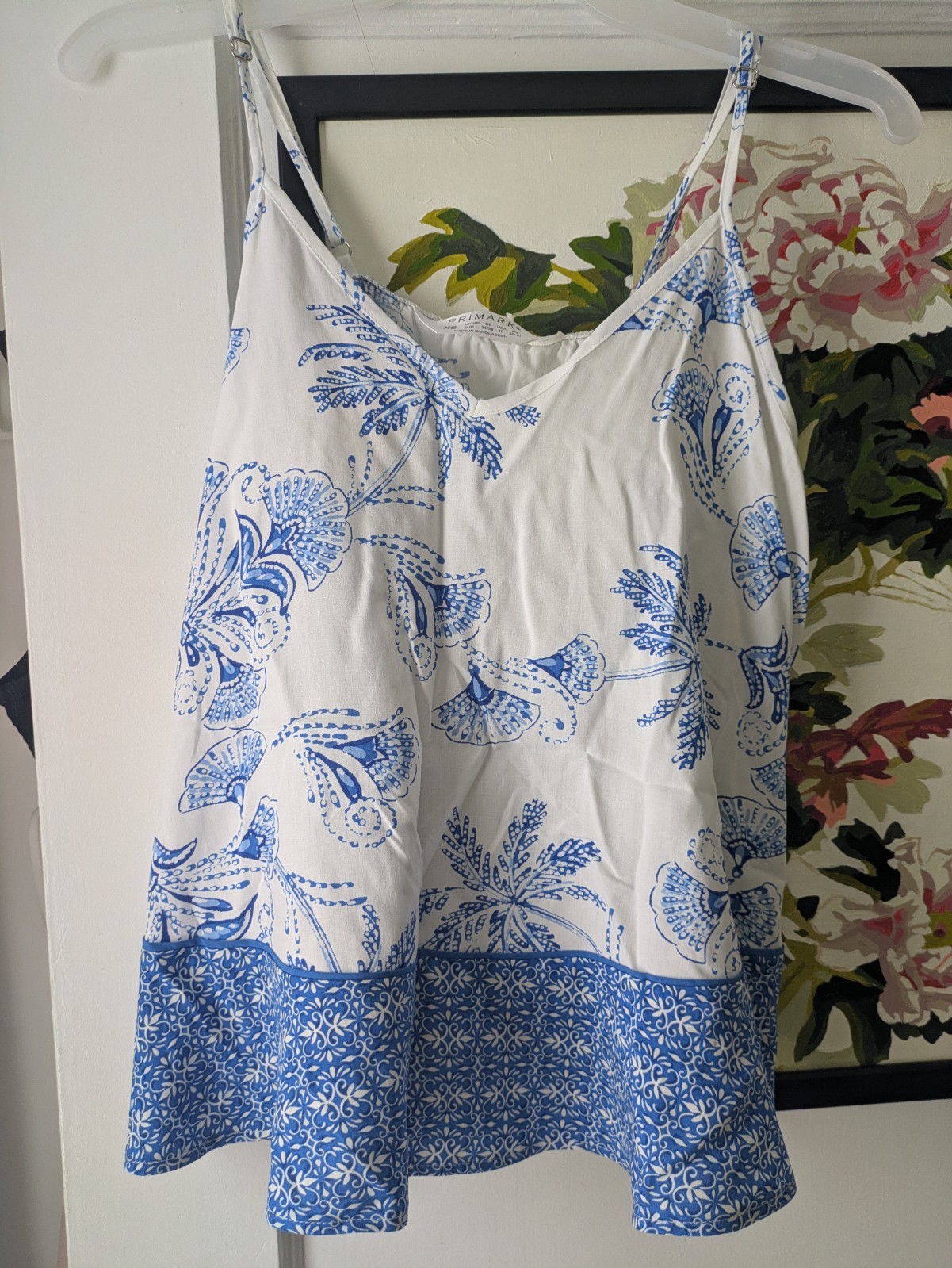 Women Spaghetti Strap Floral Cami Blue and white Toile Top, PRIMARK, Size XS