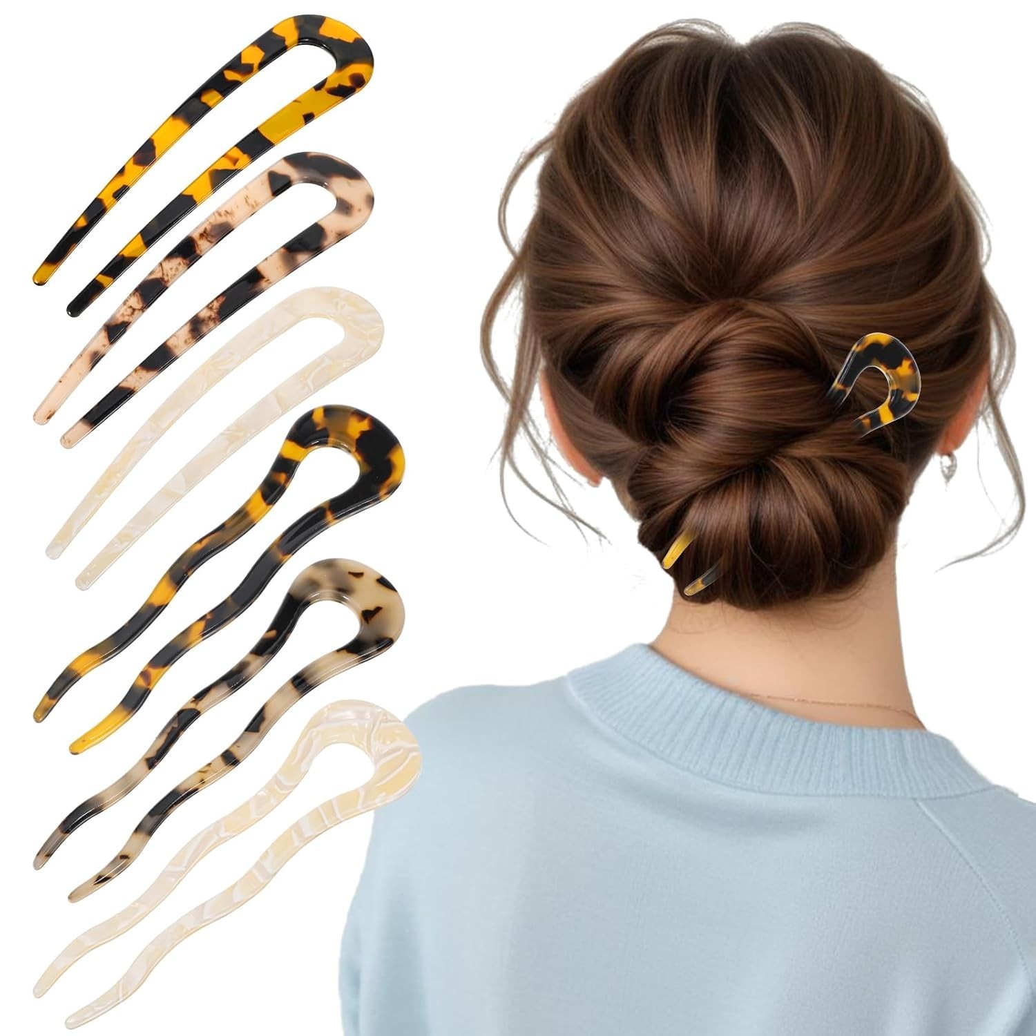 French Hair Pins Tortoise Shell Acetate U-Shaped Bun Sticks Thick Long Hair