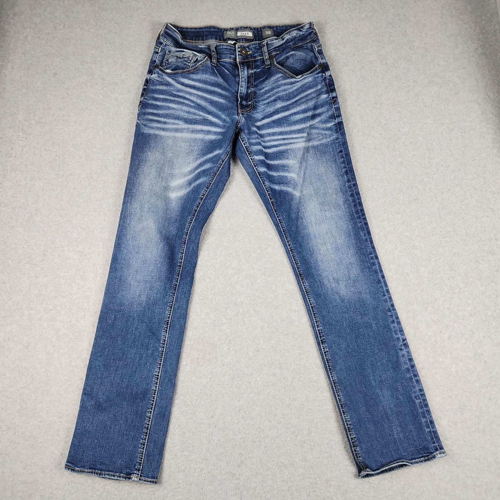 BKE Jake Jeans Mens 31R Blue Denim Whiskered Medium Wash Stretch Straight Leg