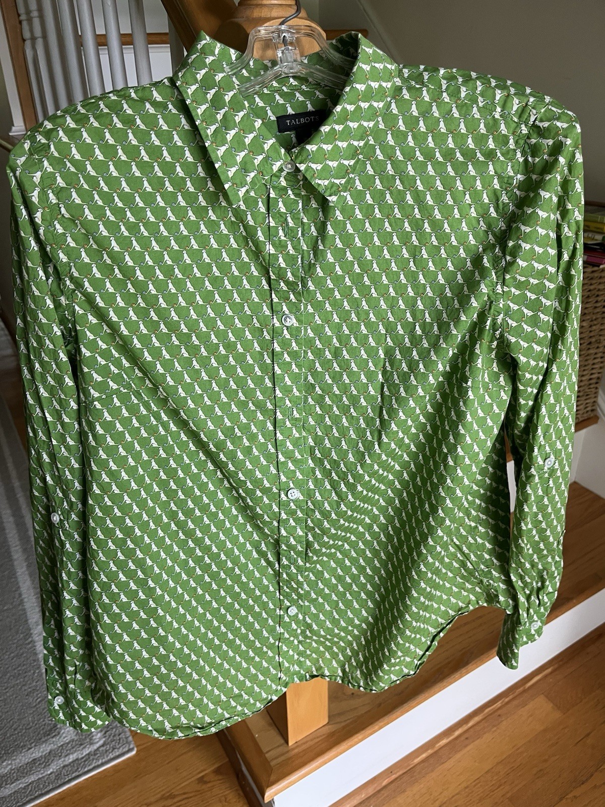 Talbots Ladies Blouse All Over Dog Print Green Size 16 Long Sleeve