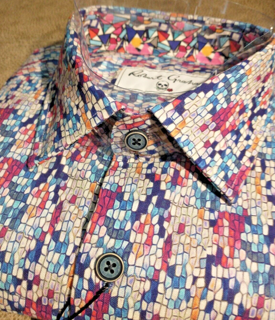NWT Robert Graham men’s Size L Short Sleeve Button Down Geo/Checks Jacq Clas