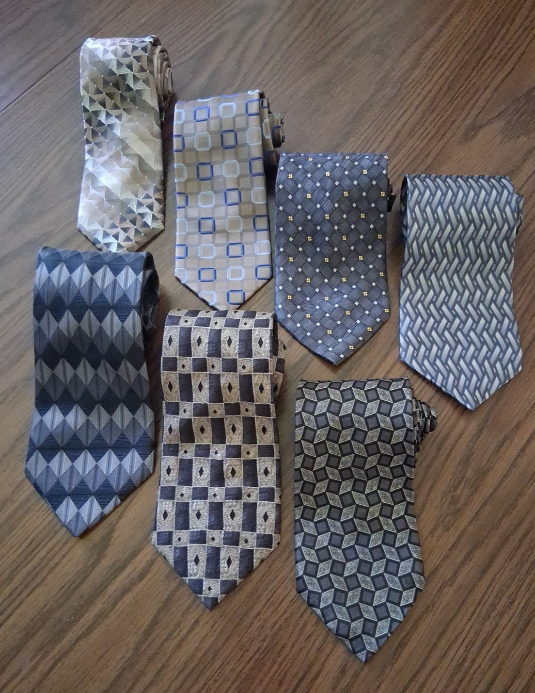 Lot of 7 Taupe Gray Black Neckties Name Brands Assorted Sizes Patterns Fabric