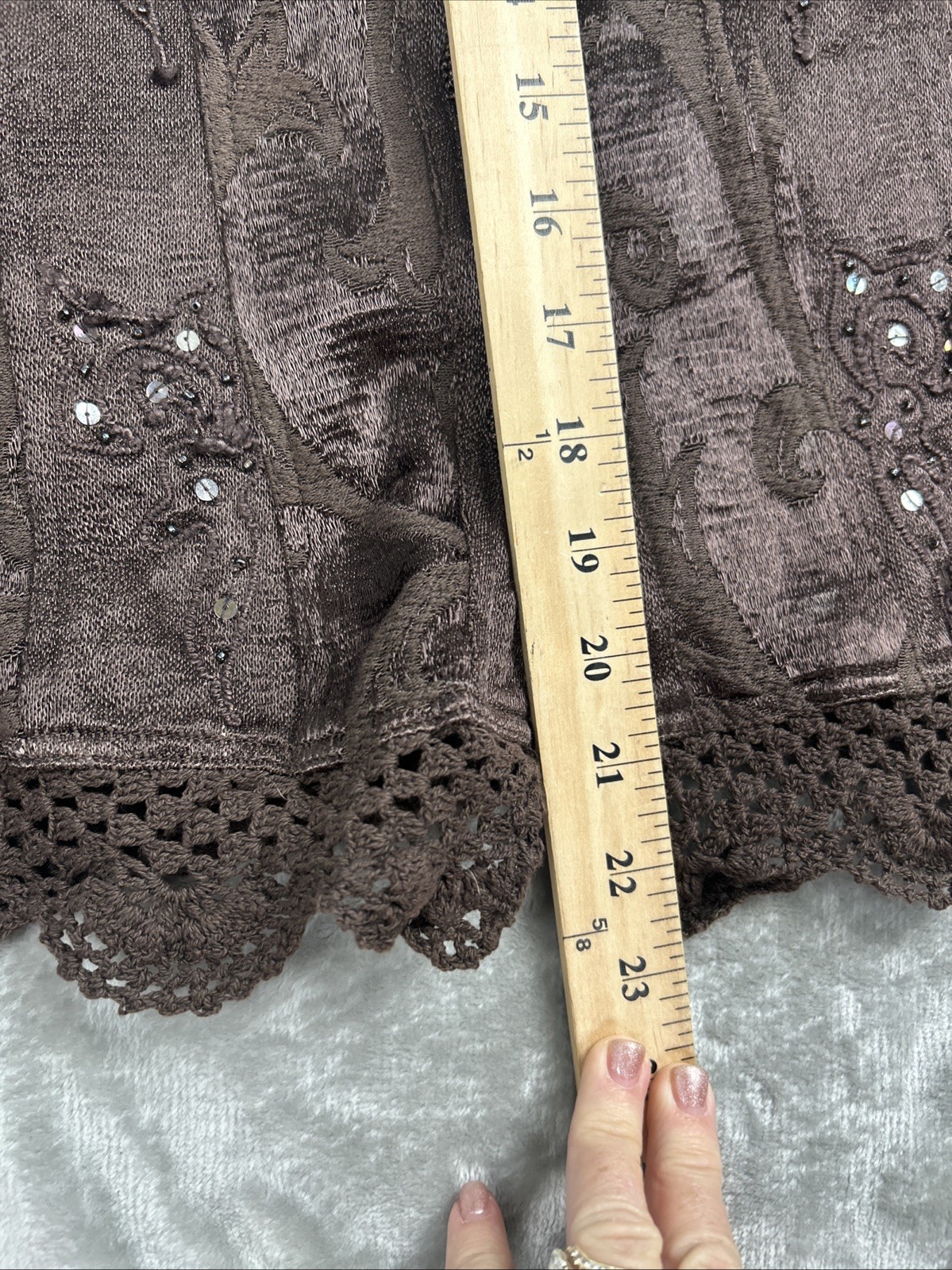 Flashback Couture Women’s Jacket Sz M Brown Embroidered Sequin Crochet Hem Boho