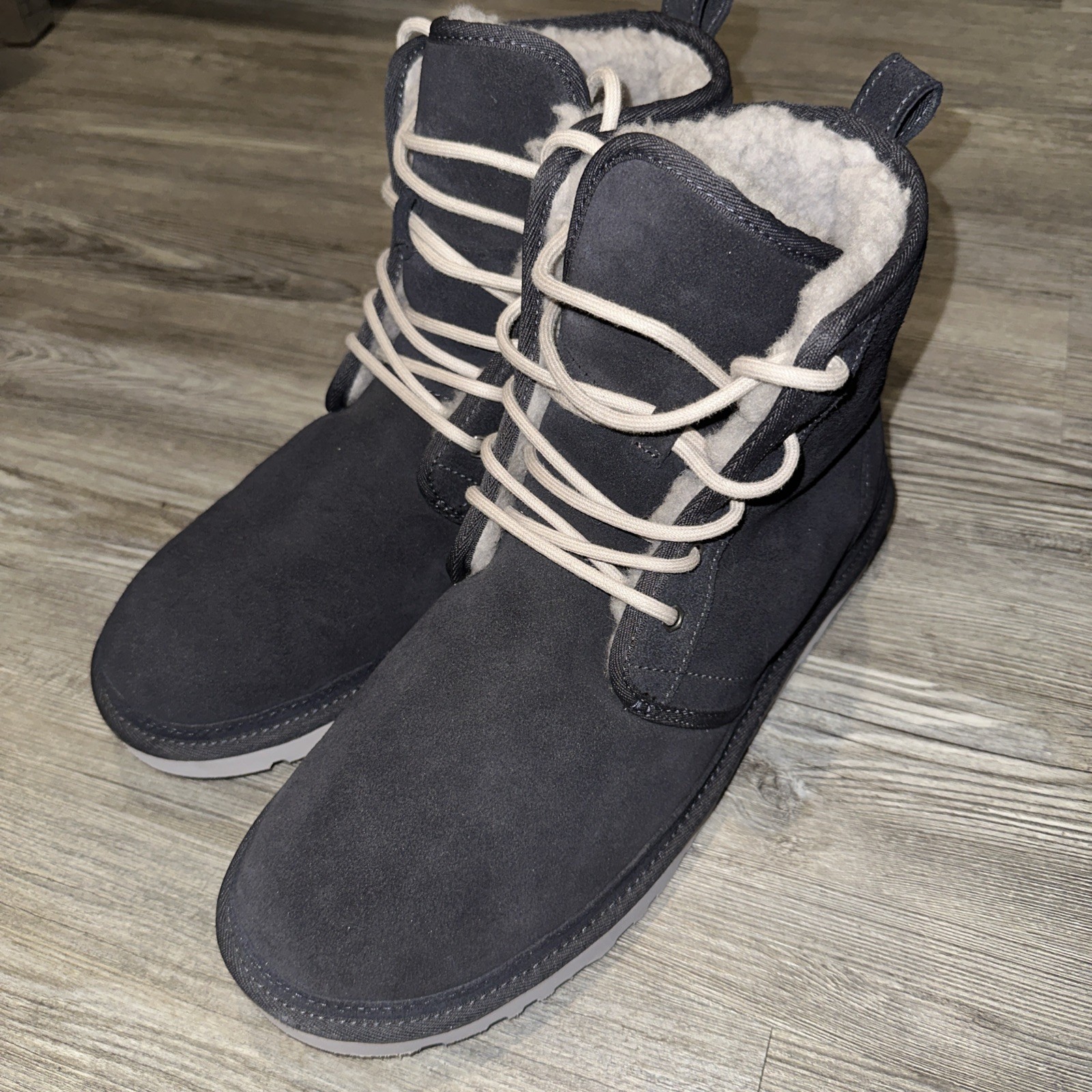 UGG AUSTRALIA Harkley True Navy Suede Leather Real Fur Lace Up Mens Boots SZ 12