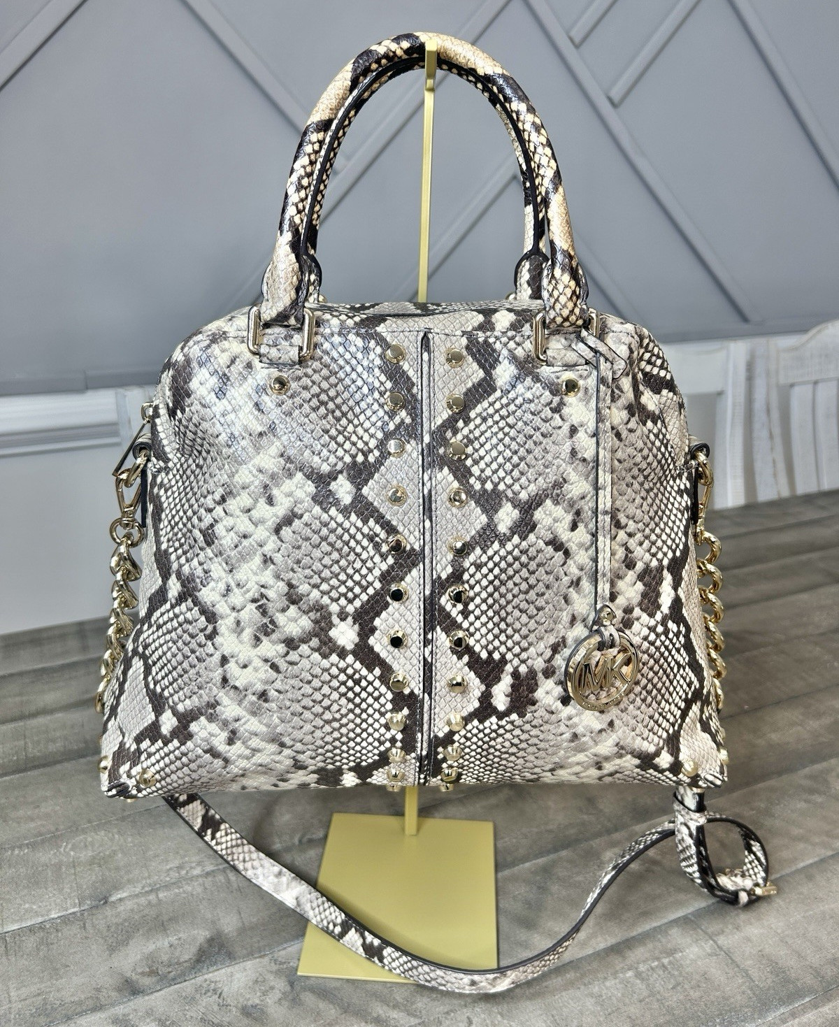 Michael Kors Uptown Astor Python Embossed Leather Studded Satchel Crossbody