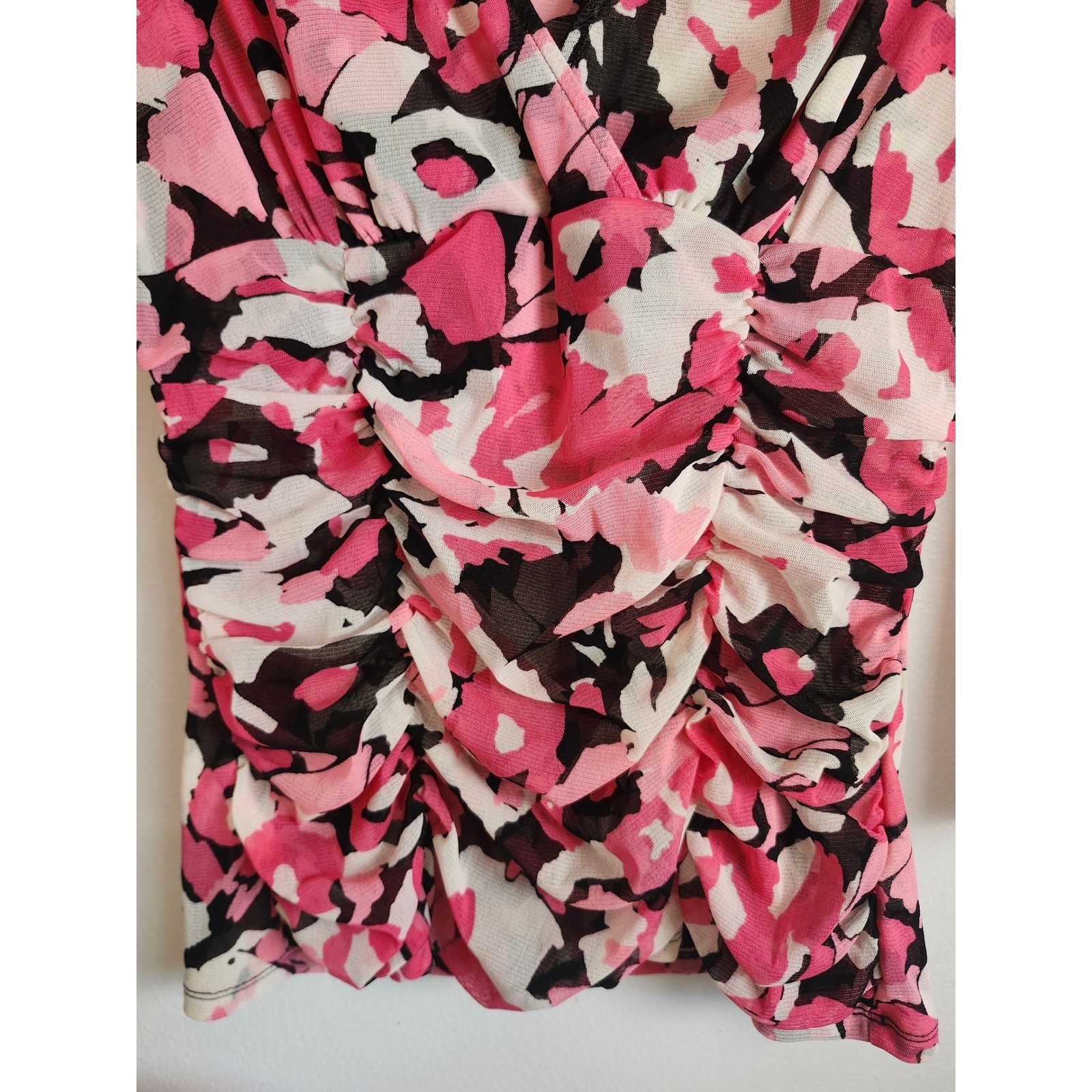INC International Concepts Pink Floral Mesh Ruched Surplice Top XL Y2K