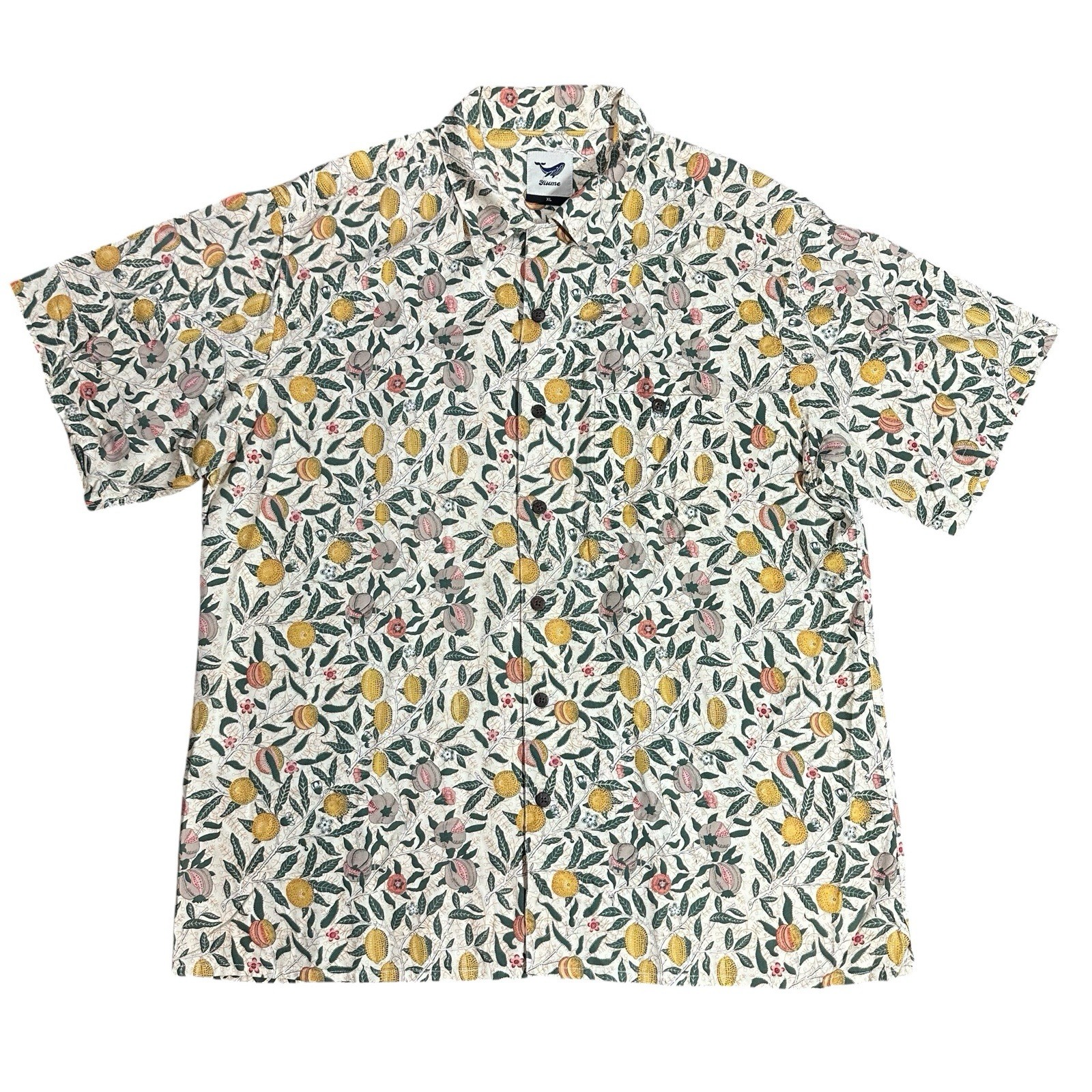 Yiume Men’s Size XL Hawaiian Camp Button Shirt Pomegranate Fruit Floral Tan SS
