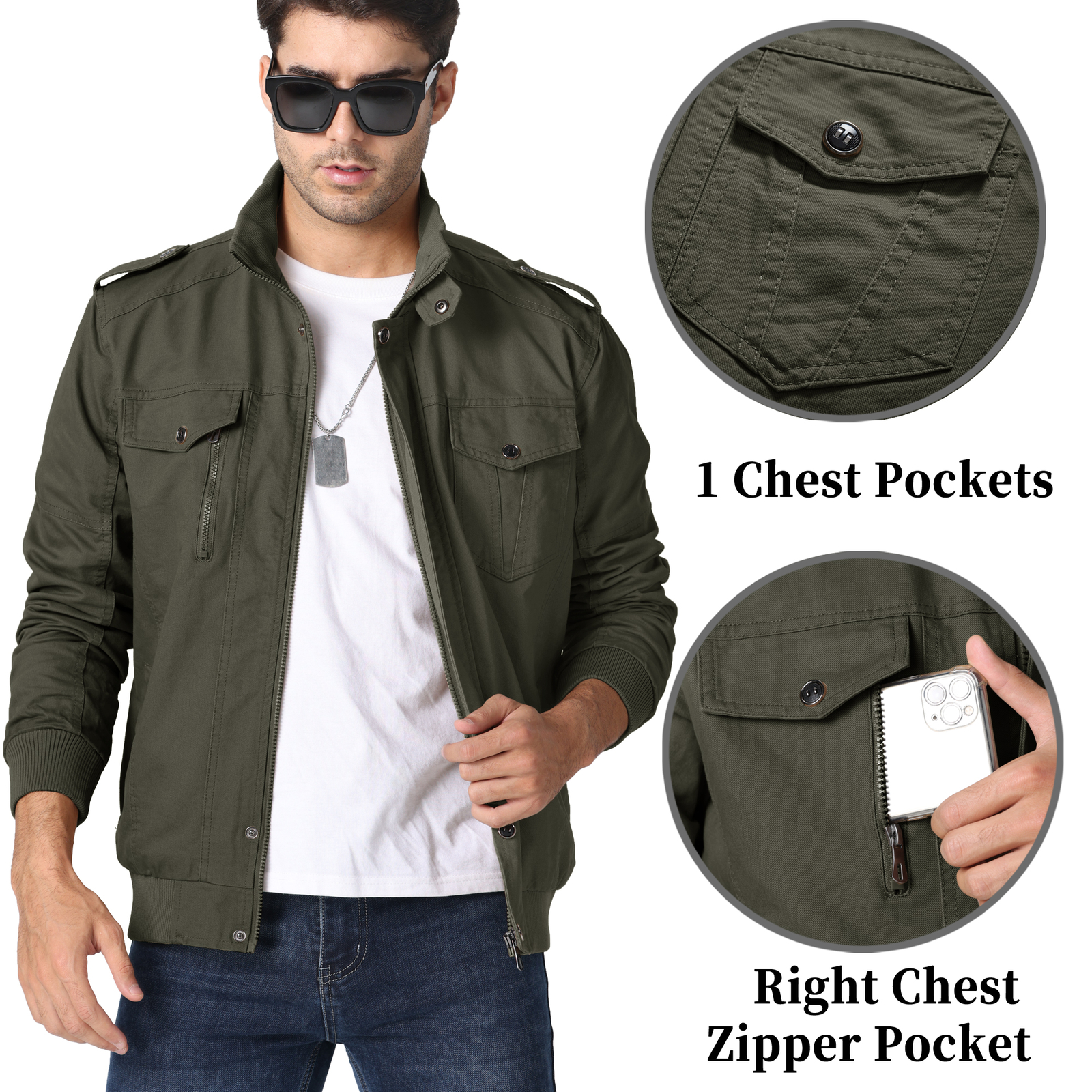 Men’s Spring Fall Cotton Jacket Bomber Jacket Casual Cargo Work Lightweight Coat