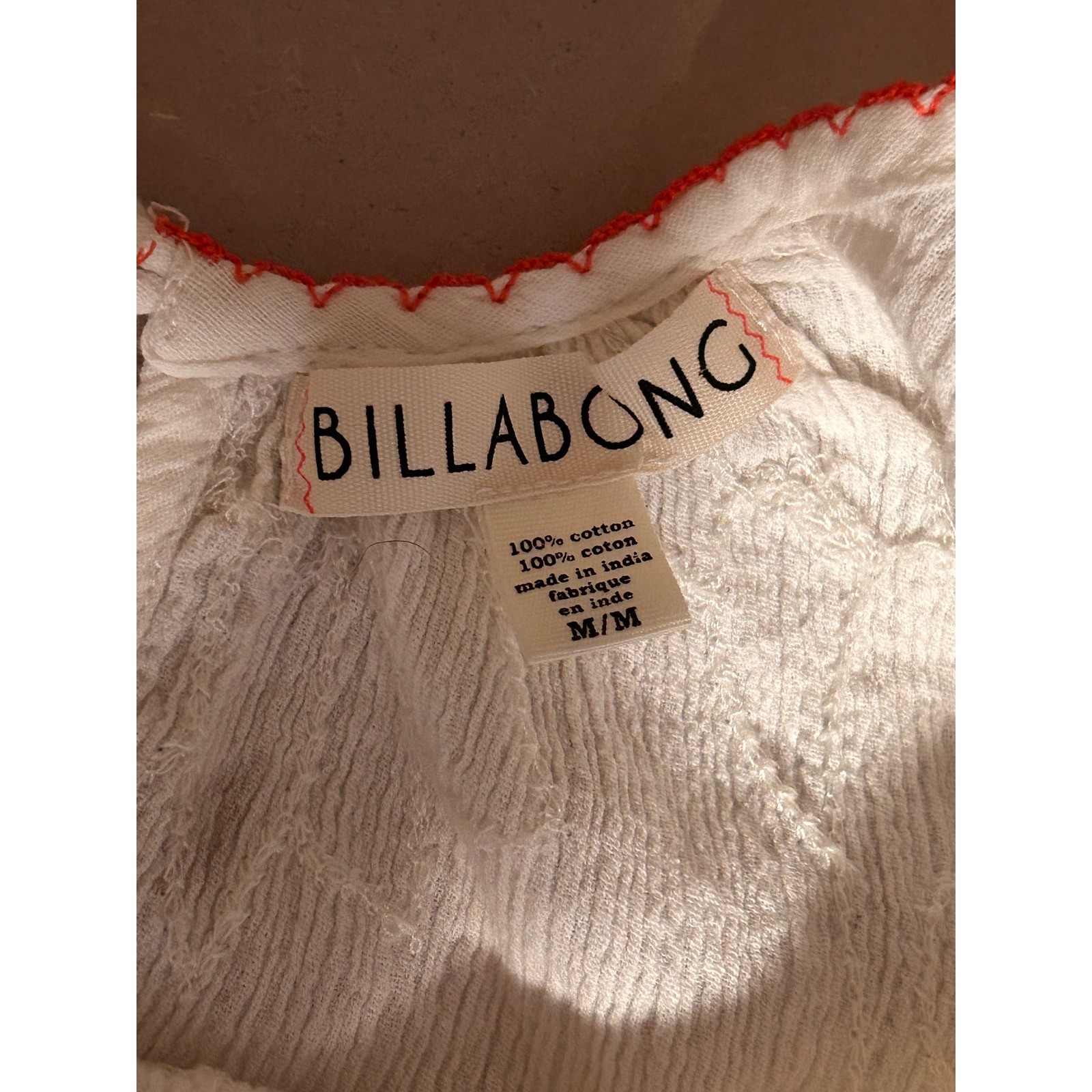 Billabong White Embroidered 100% Cotton Camisole Red Trim Boho Tank Top Medium