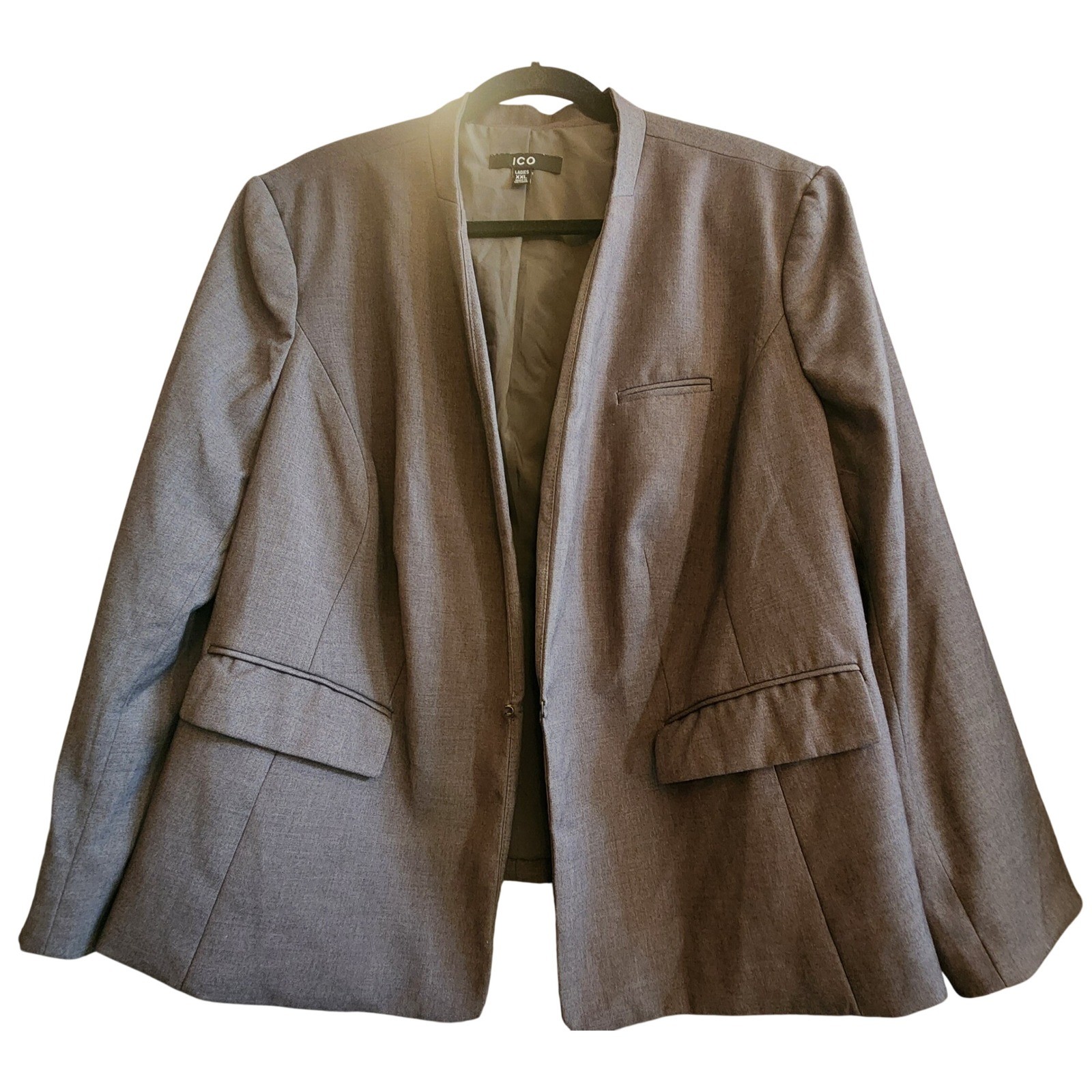 ICO Blazer Women XXL Gray Excellent Collarless Open Front Career Professional