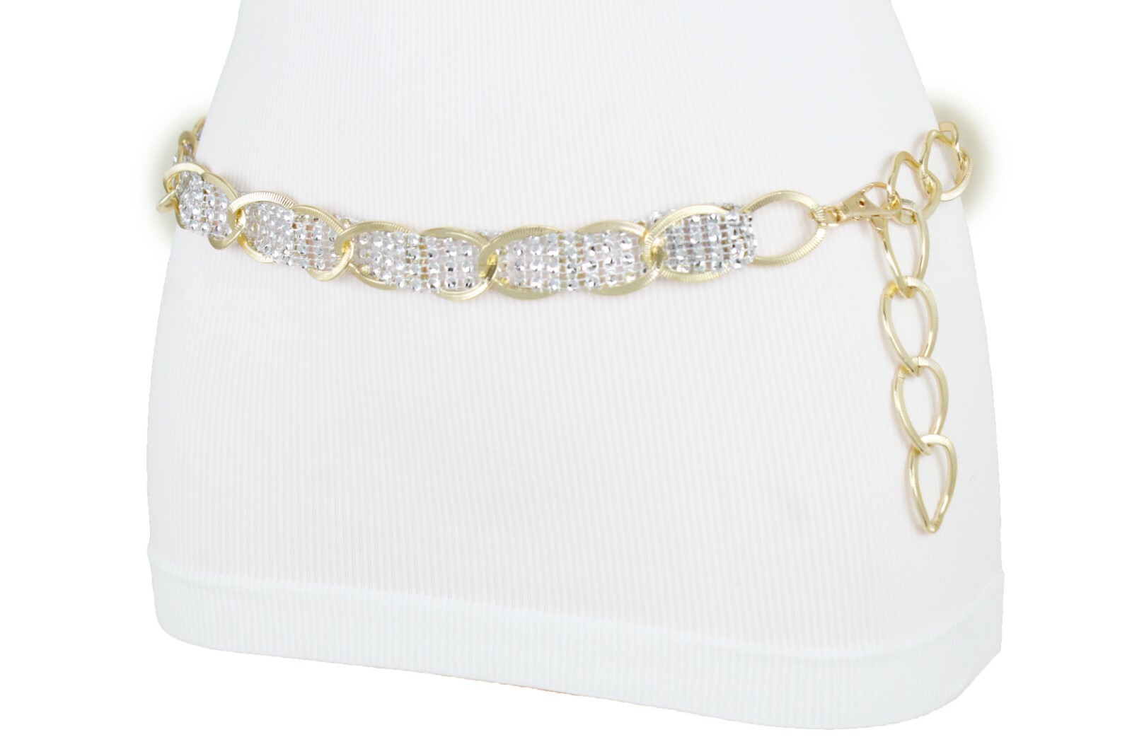 Women Gold Color Metal Chain Fashion Belt Silver Mesh Fabric Bling Beads XS S M