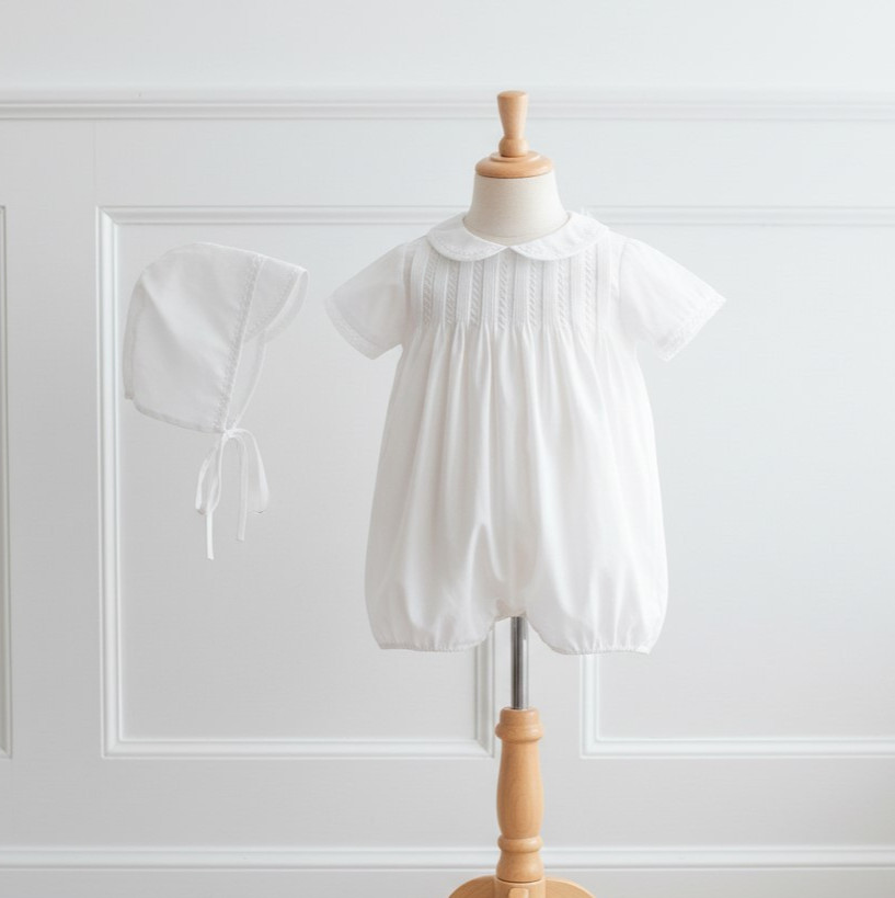 NWT Petit Ami Boys White Pintuck Romper Hat Newborn Baby Jon Jon NB Christening