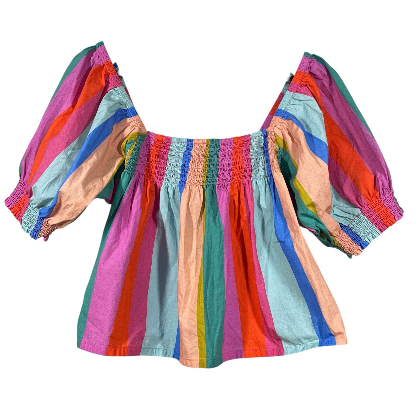 Mille Anthropologie Caro Rainbow Top Womens L 100% Cotton Smocking Crop Swing
