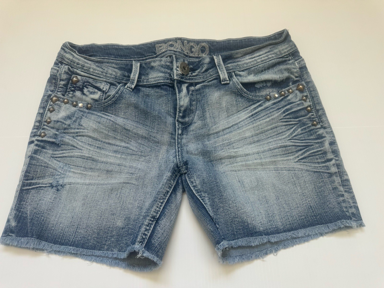 Girls Size 9 Denim Shorts Blue Studded Distressed Wash Frayed Hem Stretch