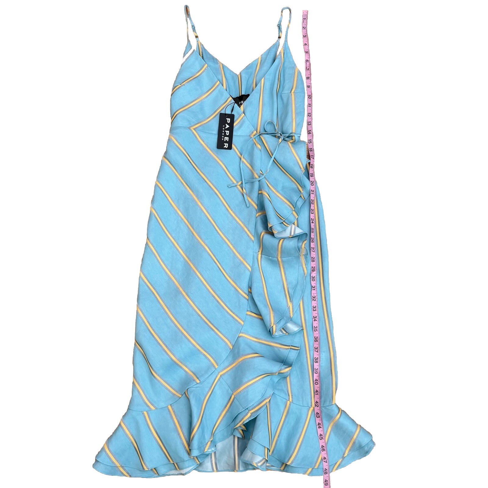 PAPER LONDON NWT Peonie Ruffled Striped Linen Rayon Midi Wrap Dress Blue Size 4