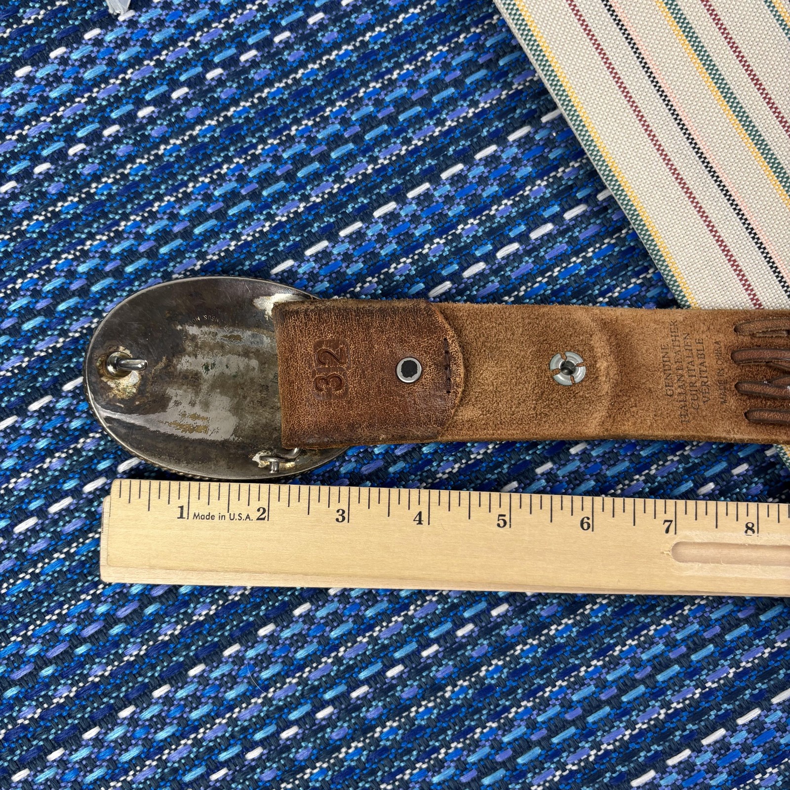 Western Leather Belt Mens 32 Brown Italian Braided B Initial Silver Oval Buckle
