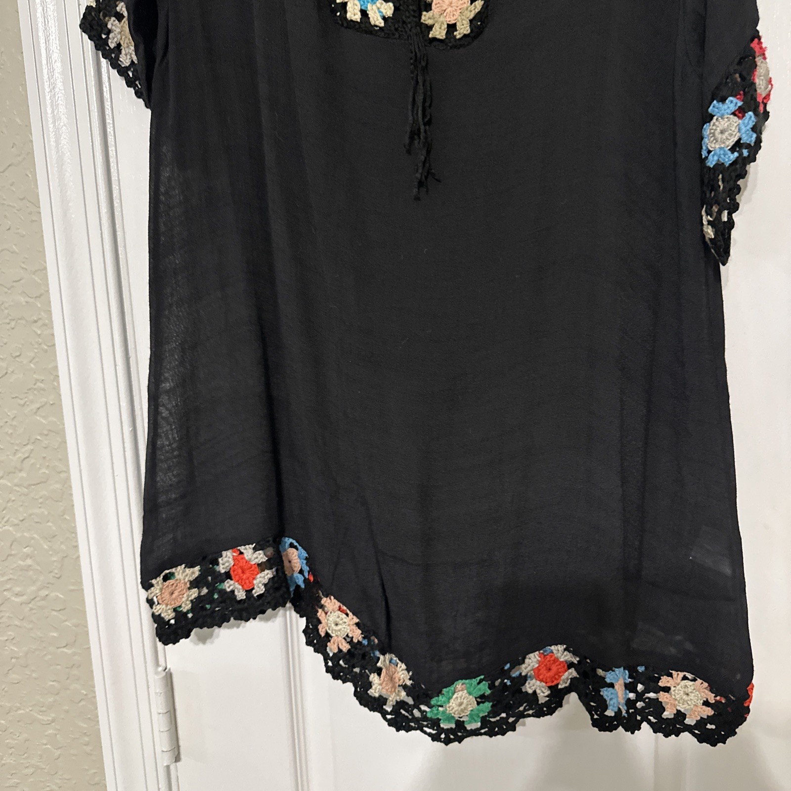 Beach By Exist Beach Coverup Black With Crochet Multi Colored Flowers One Size