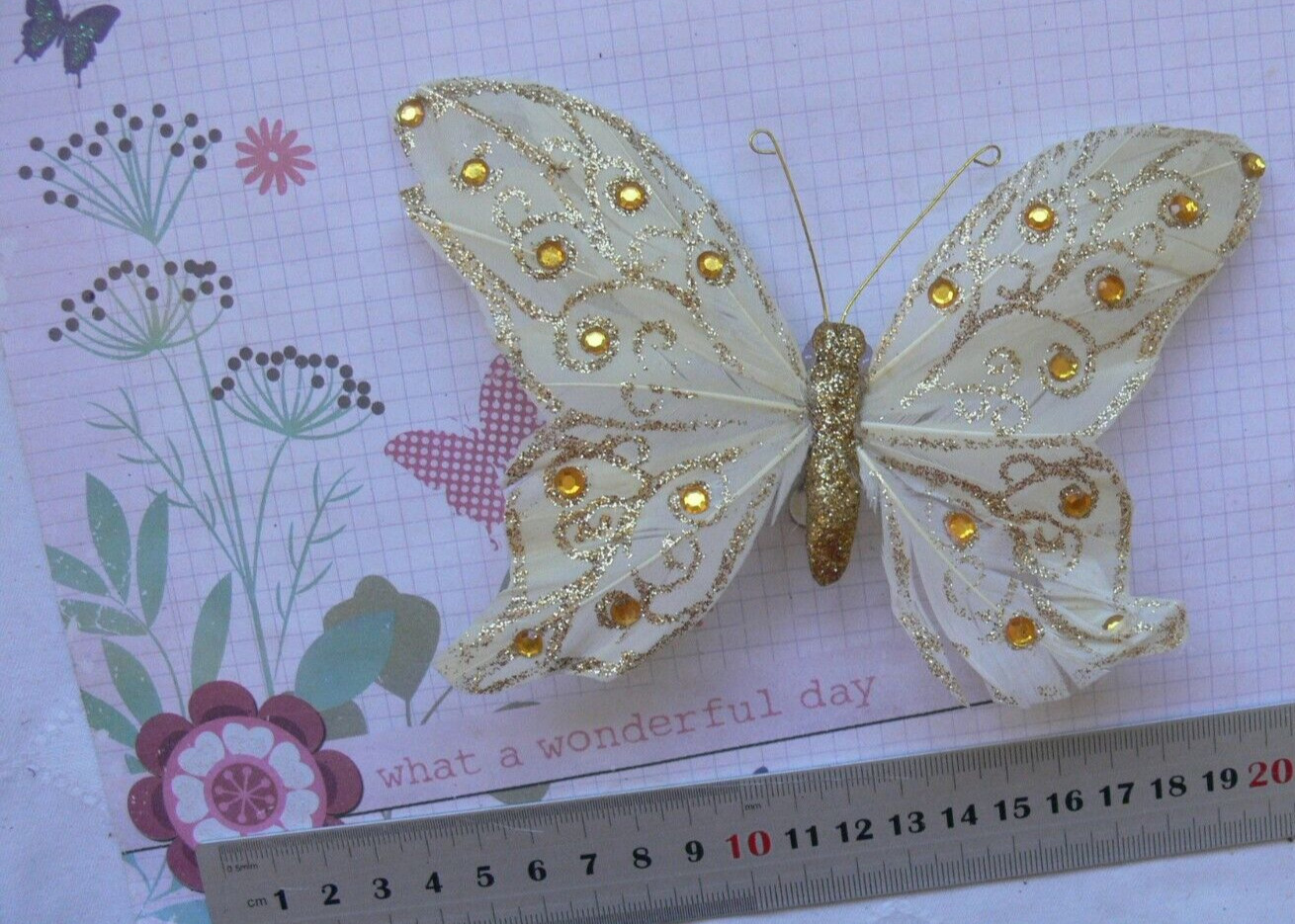 CREAM with GOLD Sparkle Butterfly – 150 x 100mm with Hair Clip LFHTop