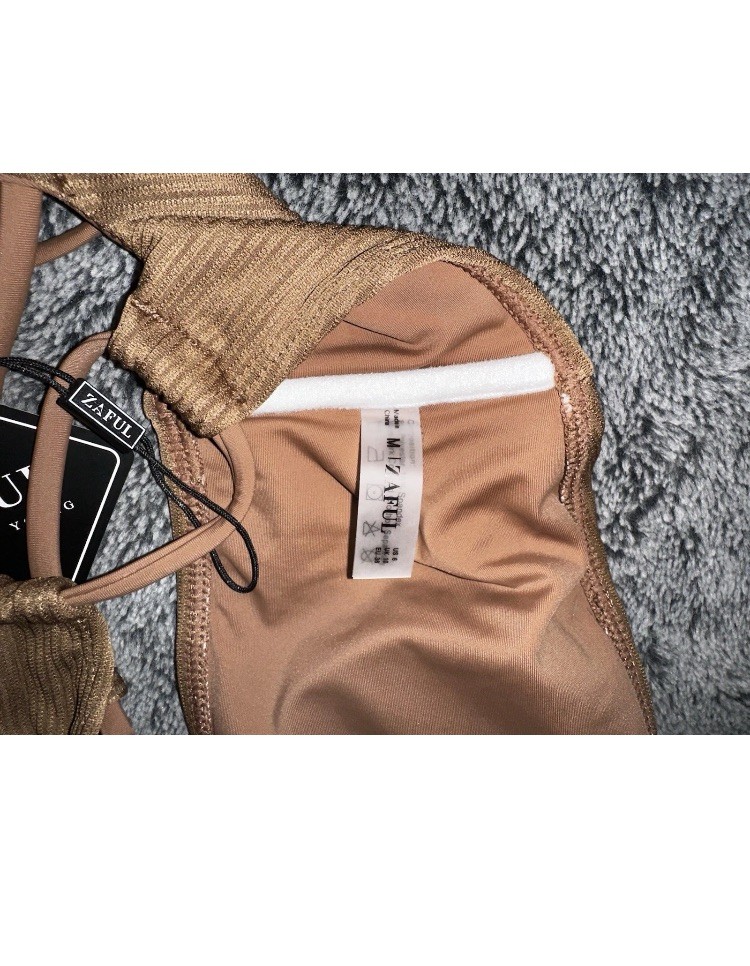 Zaful Women’s Ribbed Bandeau Bikini Top Brown Solid Stretch Spaghetti Strap M a