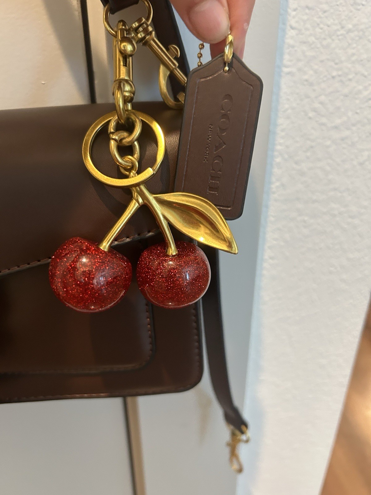 Coach Brown Small Crossbody Bag Turn Lock with Cherry Charm Detachable Strap