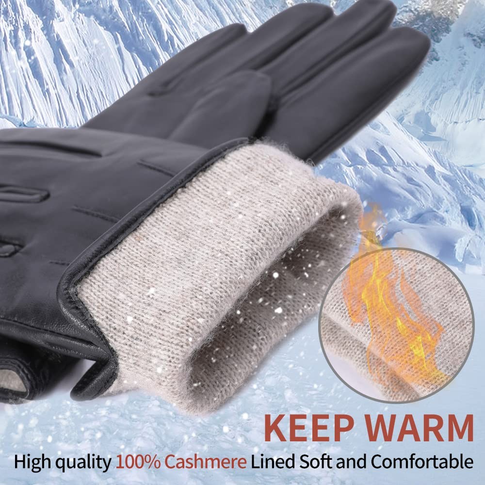 Mens Black Nappa Lambskin Leather Gloves with Cashmere Lining, Medium