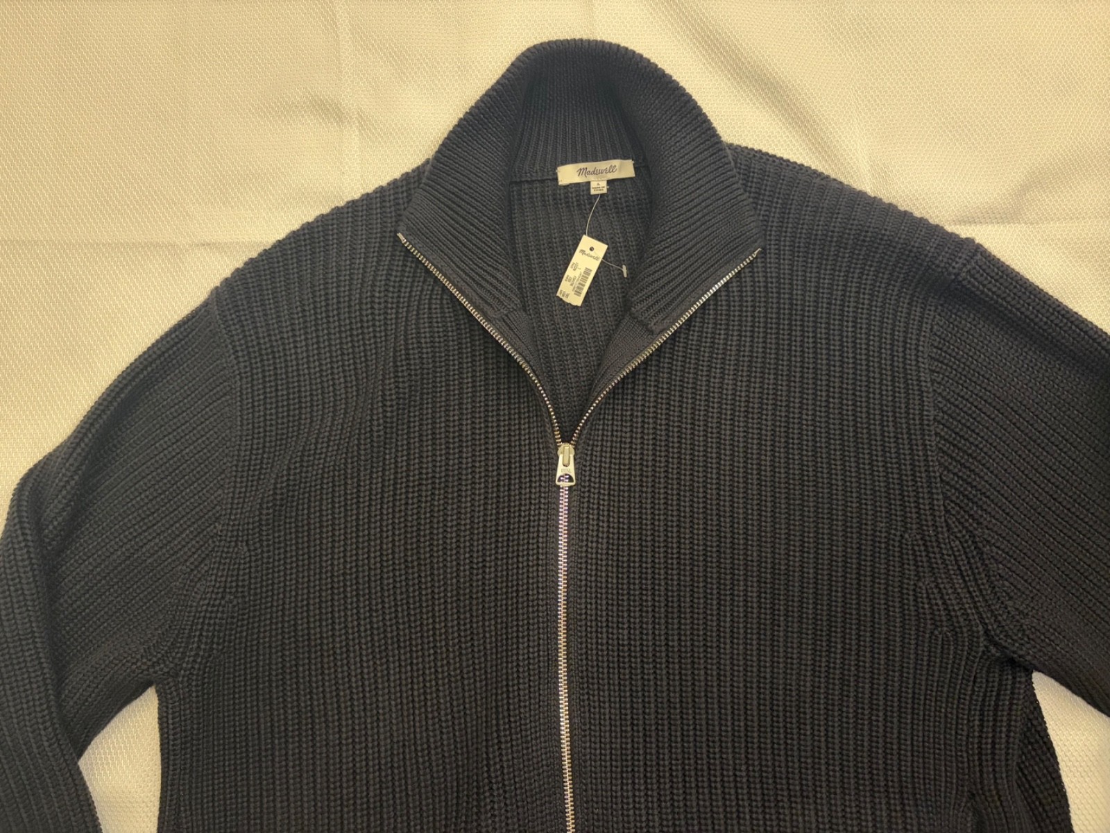 Madewell men’s Cotton Shaker-Stitch Full-Zip Sweater, Obsidian Blue, Size Large