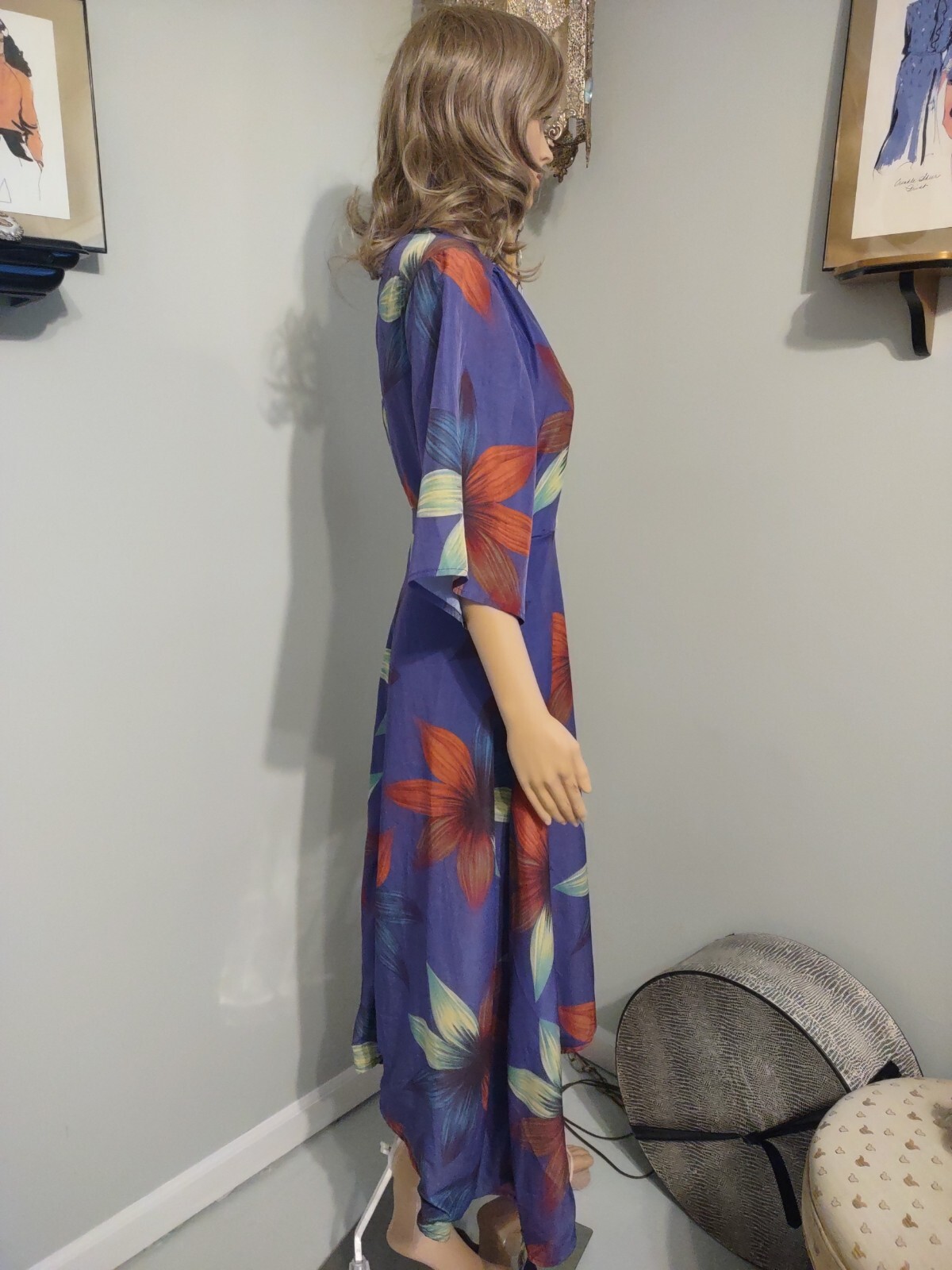 Haoduoyi Wrap Around Dress Purple Flowered size L ~EUC~