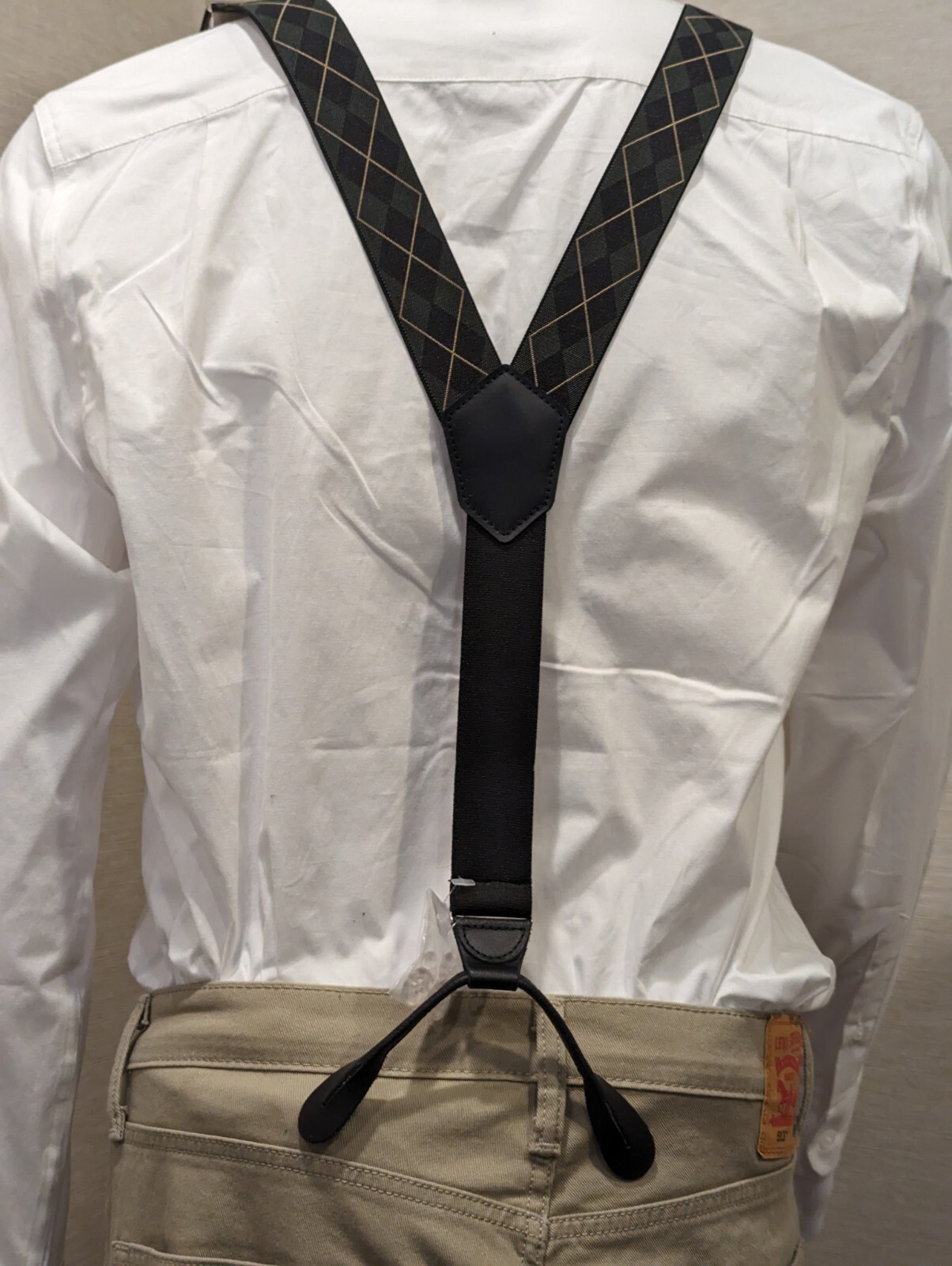 NWOT 1 3/8 Elastic Button End Braces Suspenders 35mm Black Green Khaki Diamond