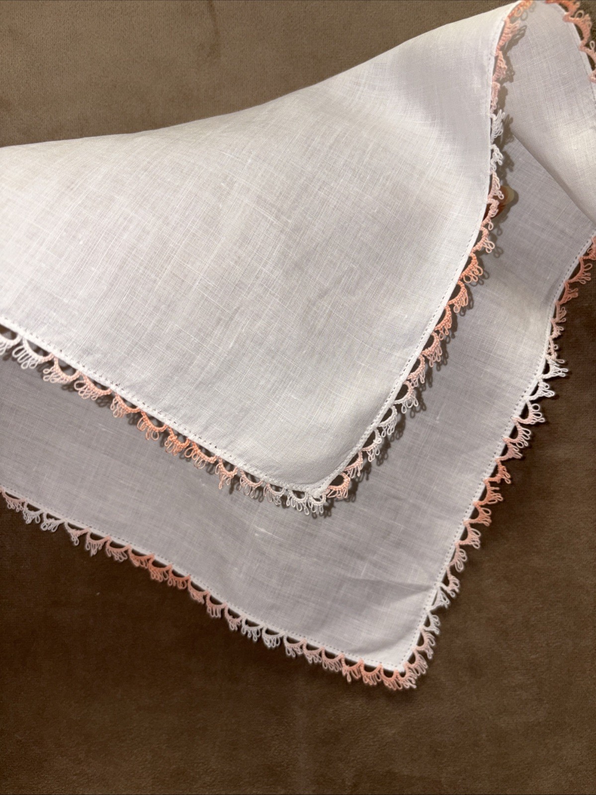 Handkerchief Linen Tatted Pink Blush Edging Vintage Hanky Nice!