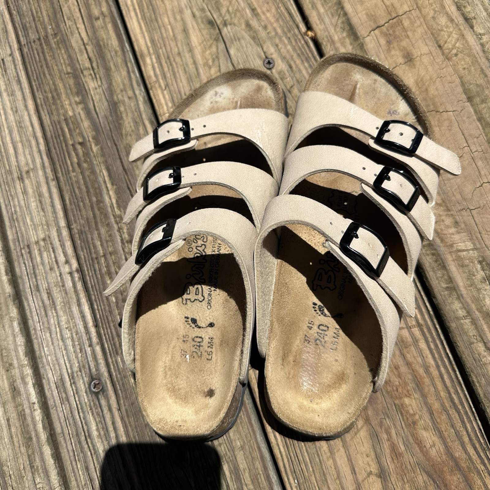Birkenstock Florida 3-Strap Tan Beige Sandals Womens Size 6 EU 37 Good Tread