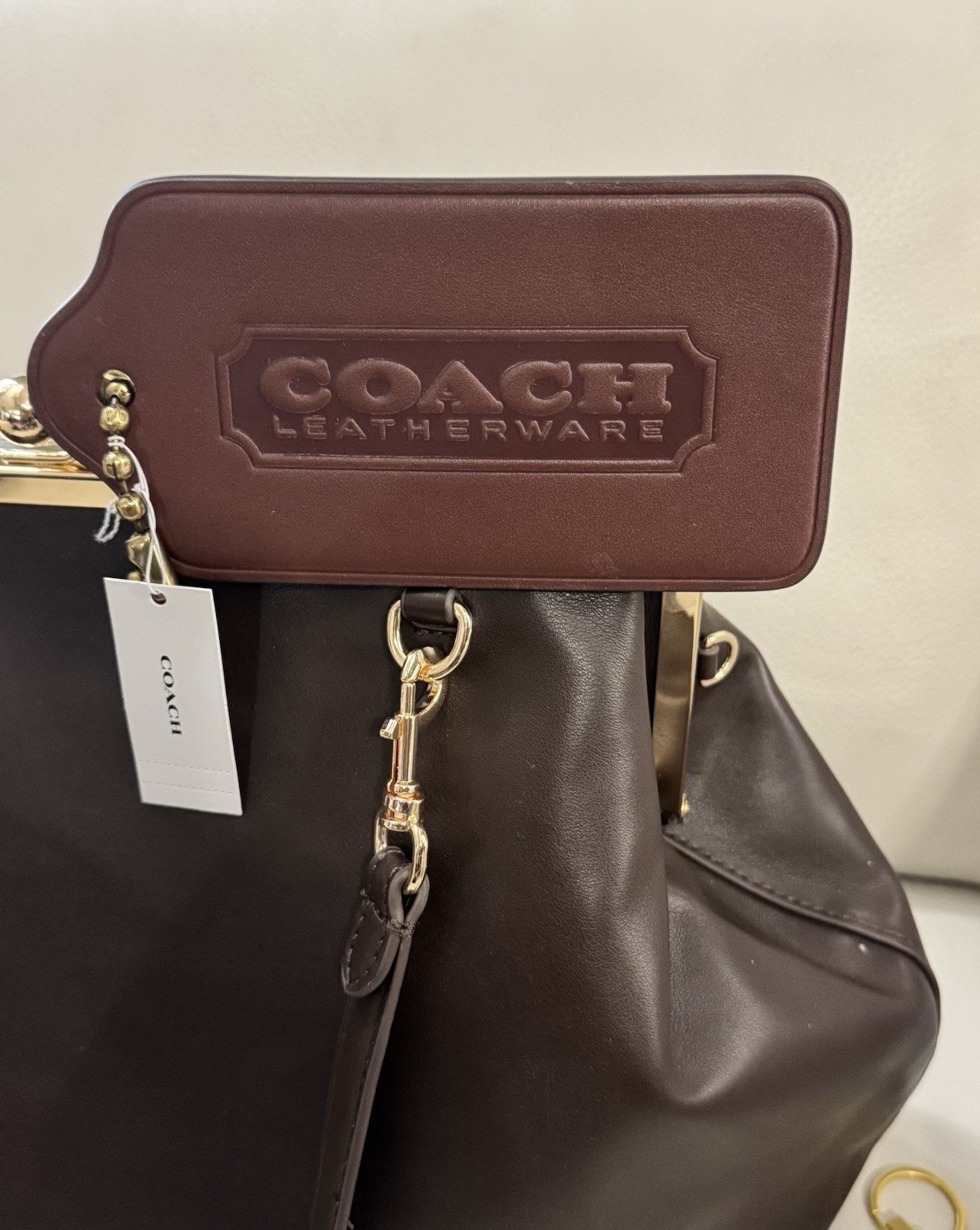 COACH OVERSIZED Brown Leather XL 6.75 Inches Hangtag Bag Purse Charm Maple NEW