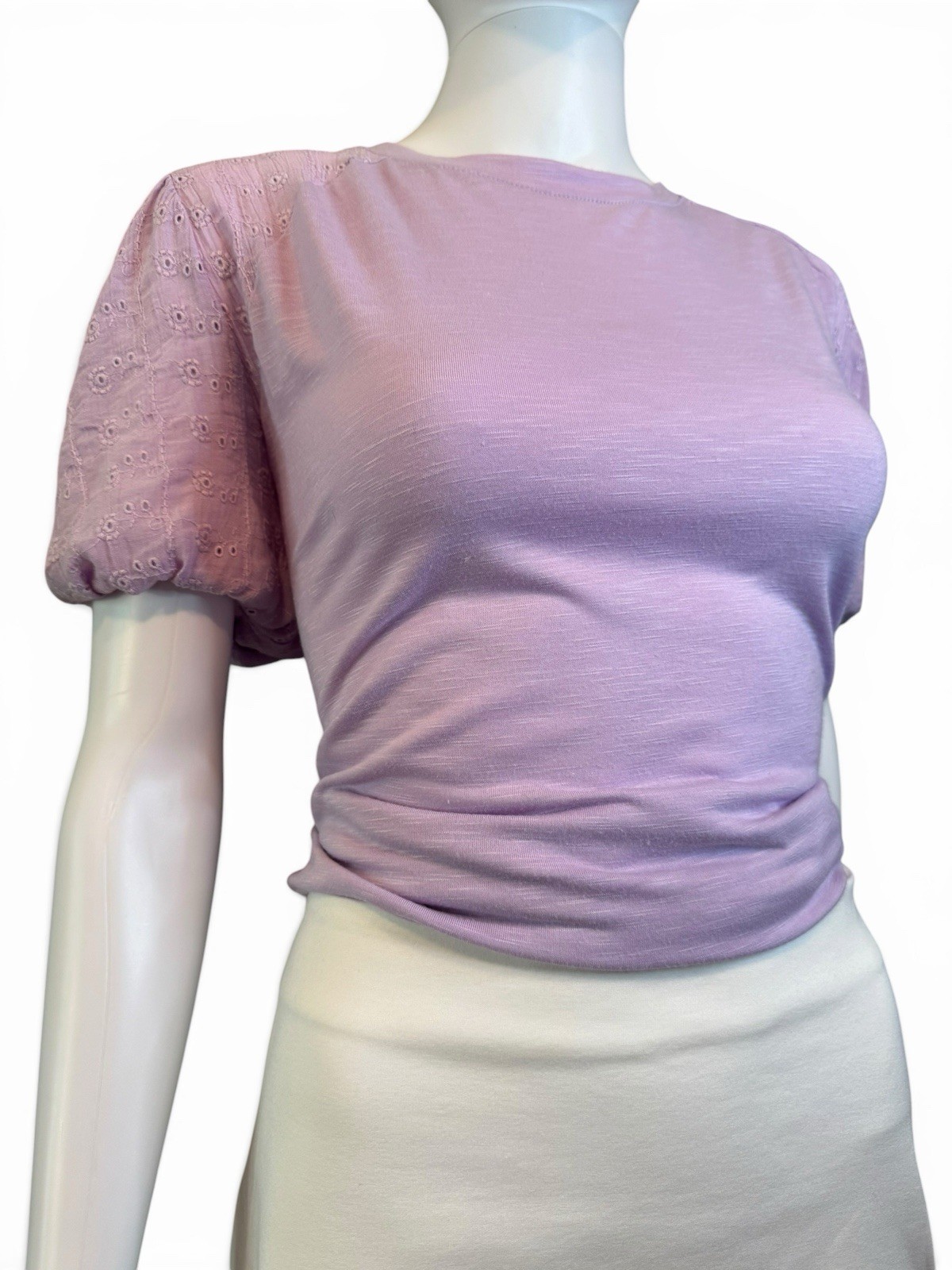 Como Vintage Lilac Eyelet Puff Sleeve T-Shirt Women’s XL Embroidered Top
