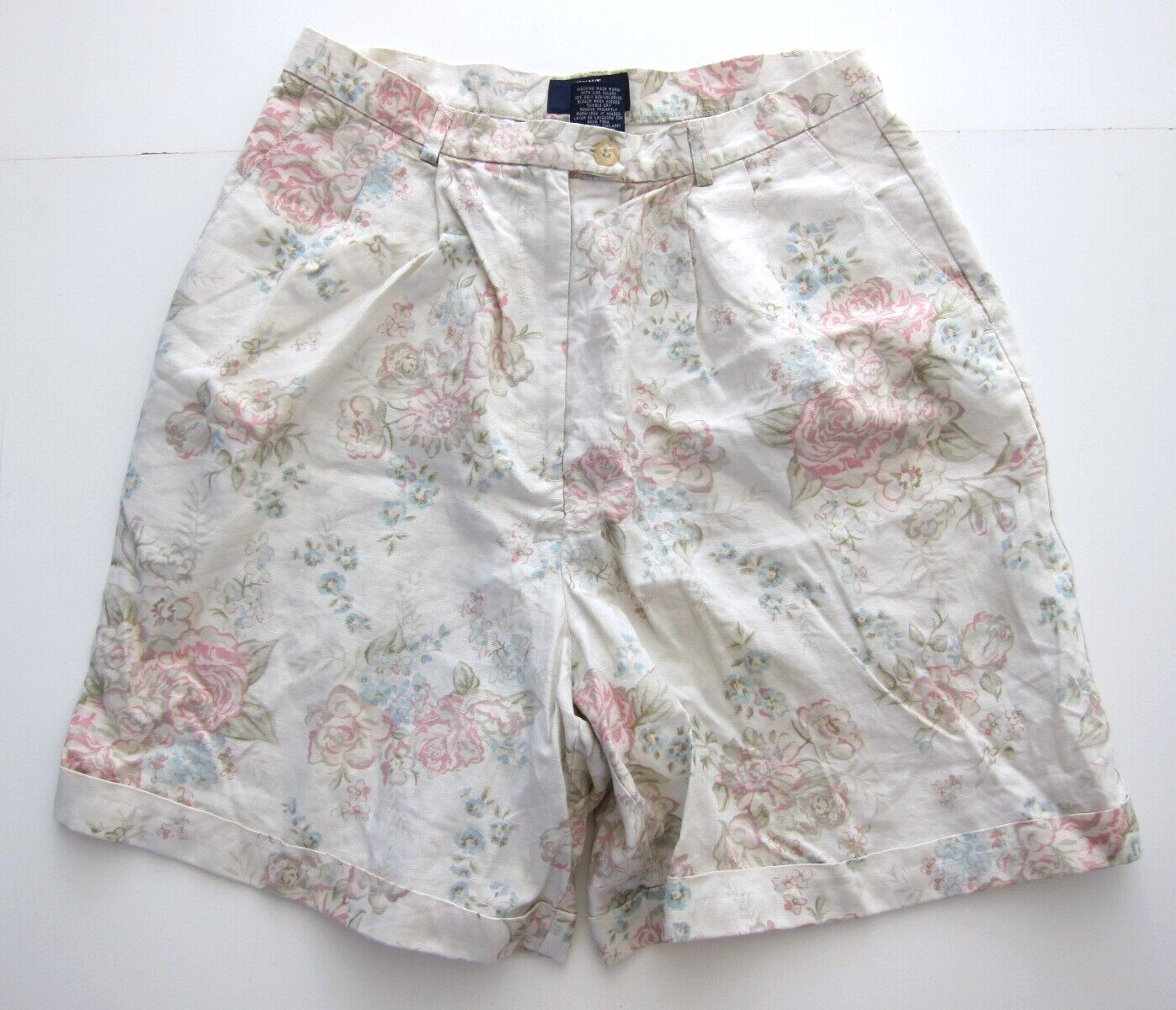 Vintage Hunt Club 100% Linen Ivory Pink Blue Floral High Rise Pleated Short 12