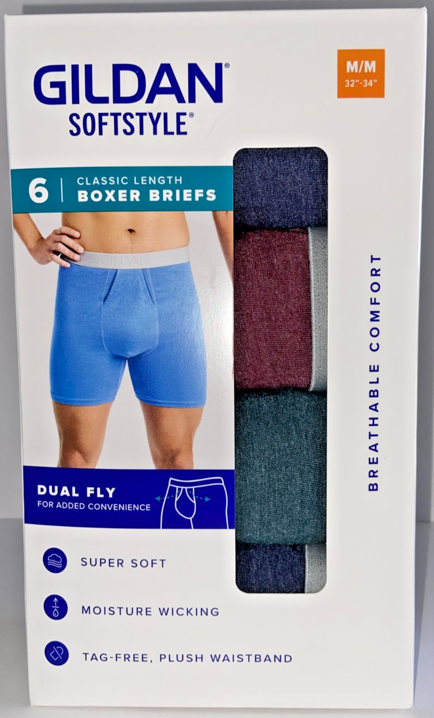 Gildan Softstyle Boxer Briefs 6 Pack Men’s Medium Moisture Wicking Dual Fly NEW