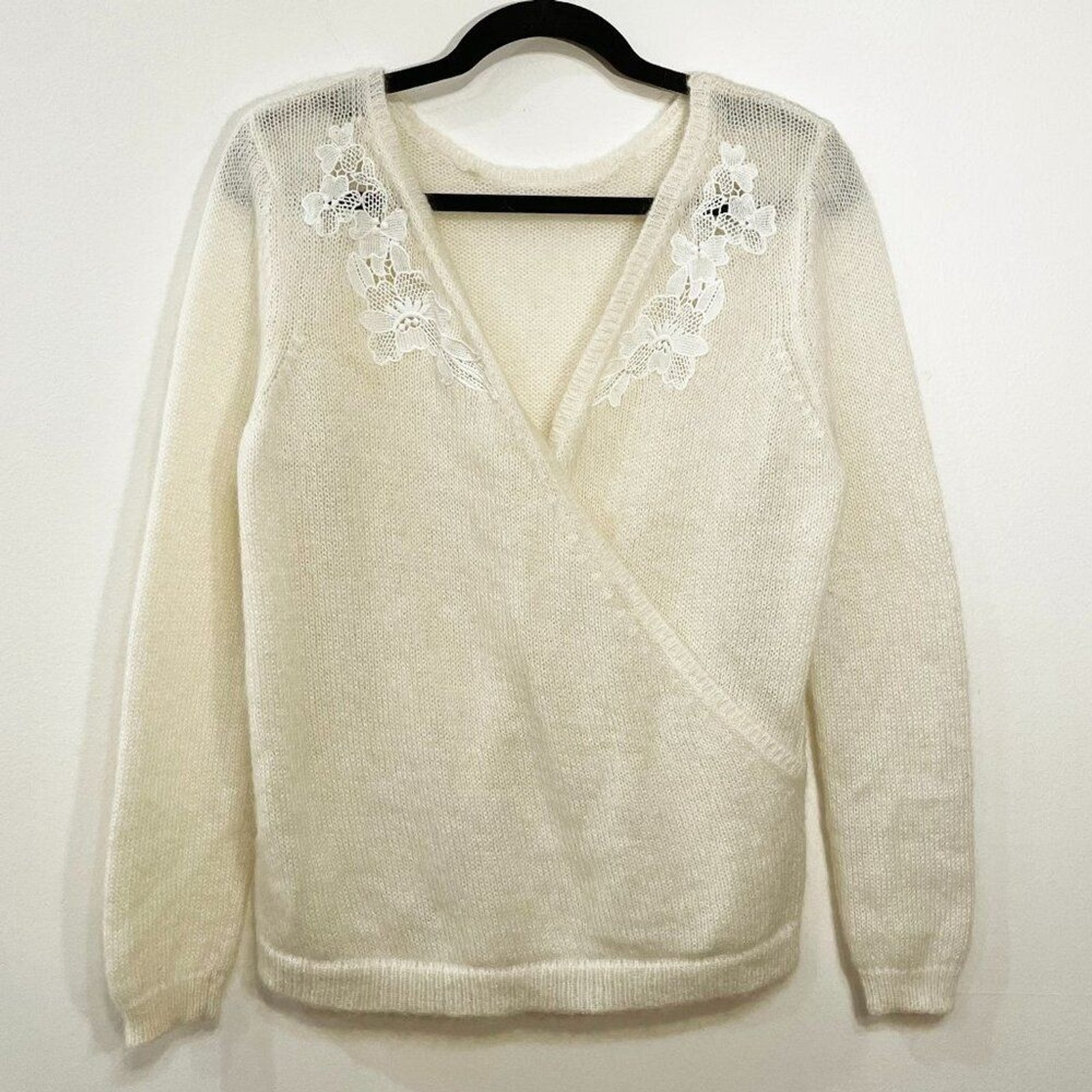 EUC Sezane Timothee Mohair Wool Embroidered Sweater Ecru NO SIZE TAG S fit