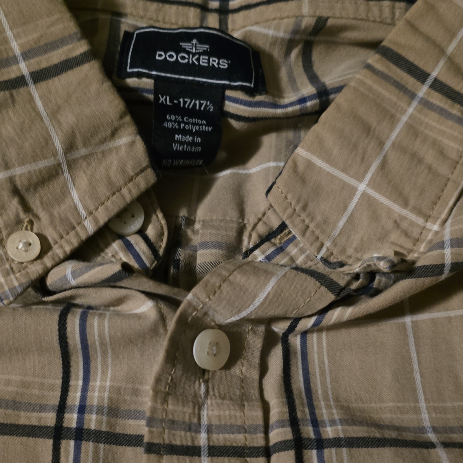 Dockers Men’s XL Woven Short Sleeve Button-Up Button-Down Plaid Beige Blue