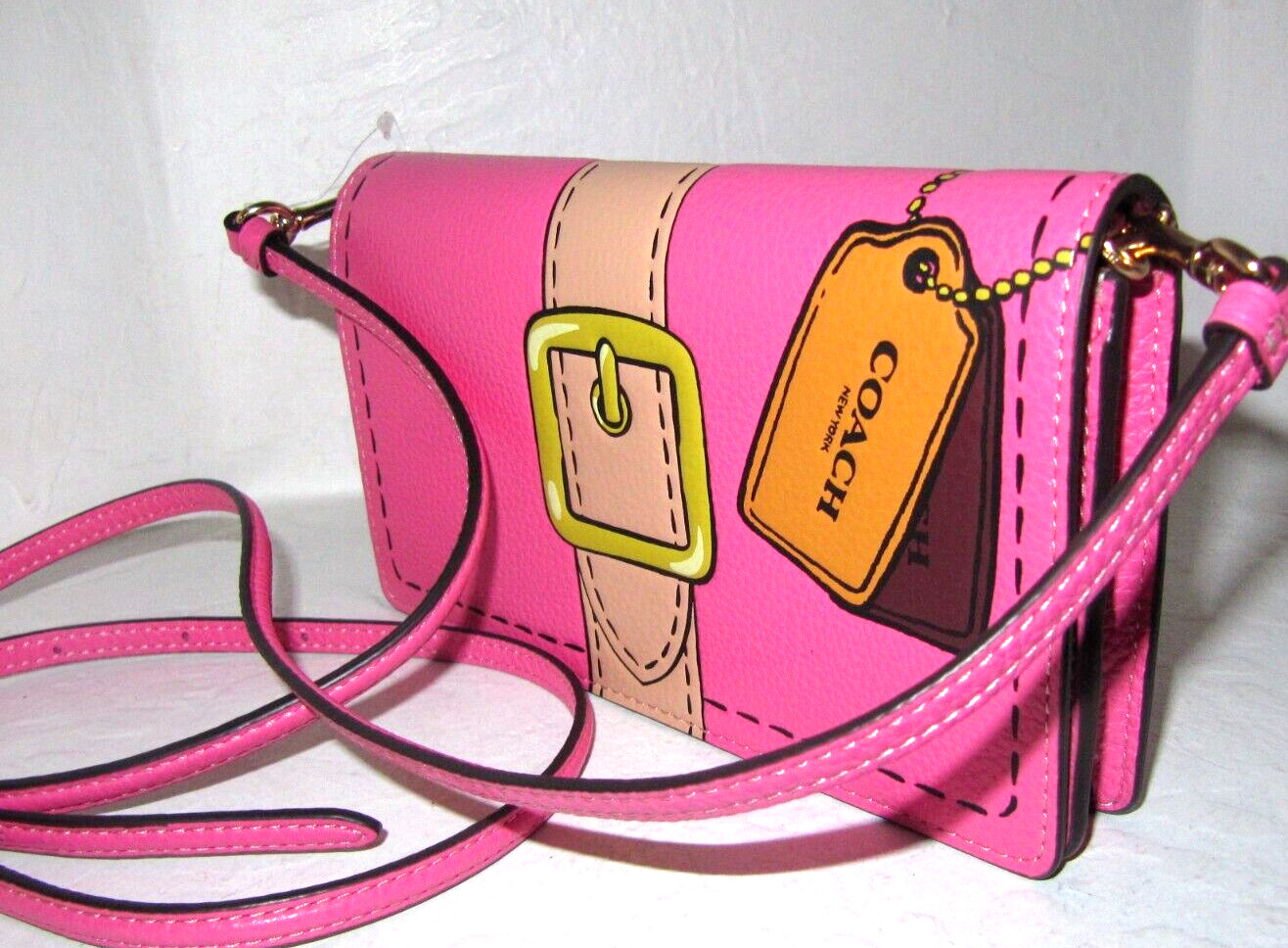 Coach CH181 Anna Fold over Clutch Crossbody Petunia Pink Trompe L’oeil Print NWT