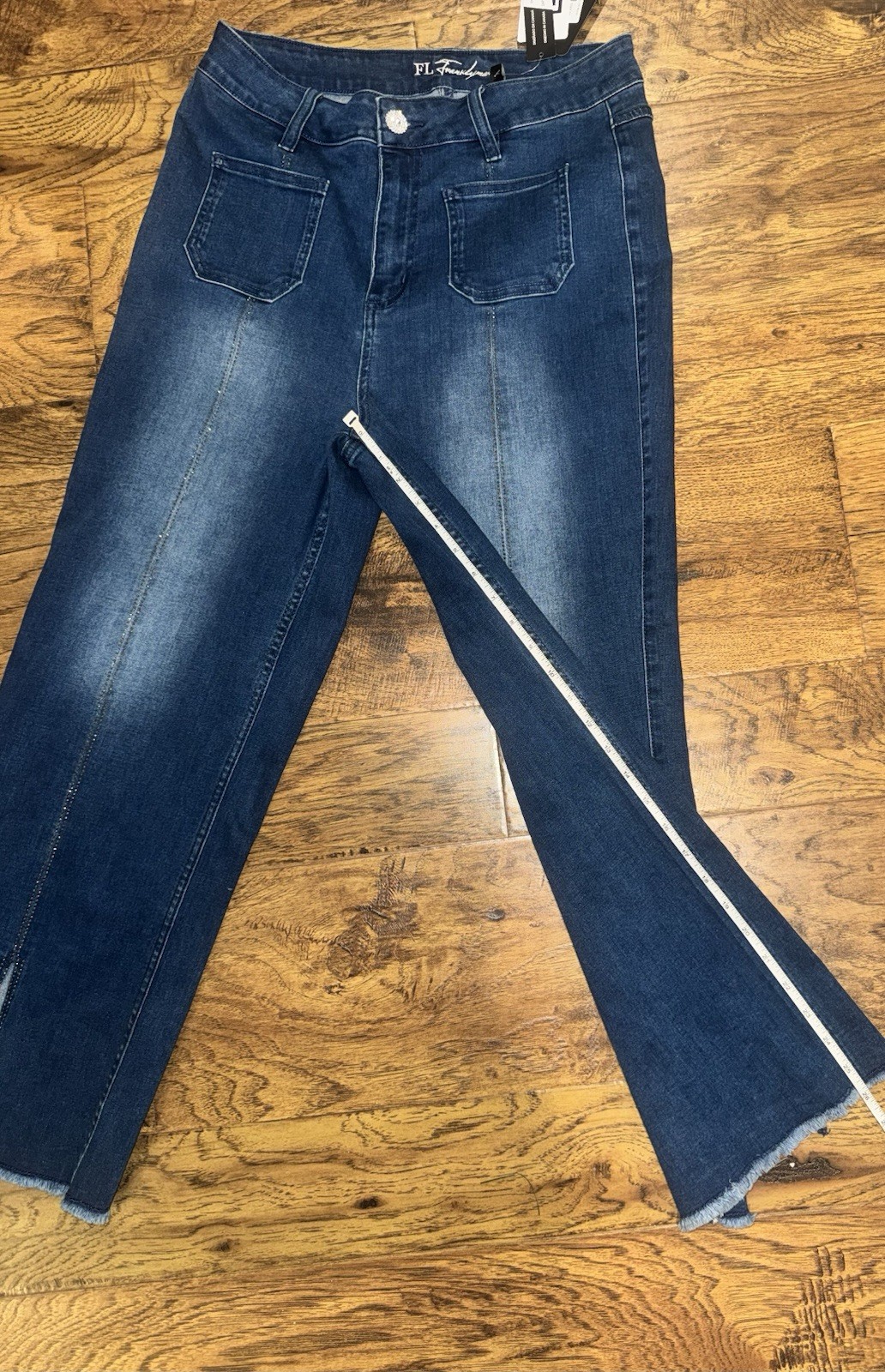 NWT Frank Lyman 256797U Blue Cropped Wide Leg Jeans Rhinestone Hem Womens Size L
