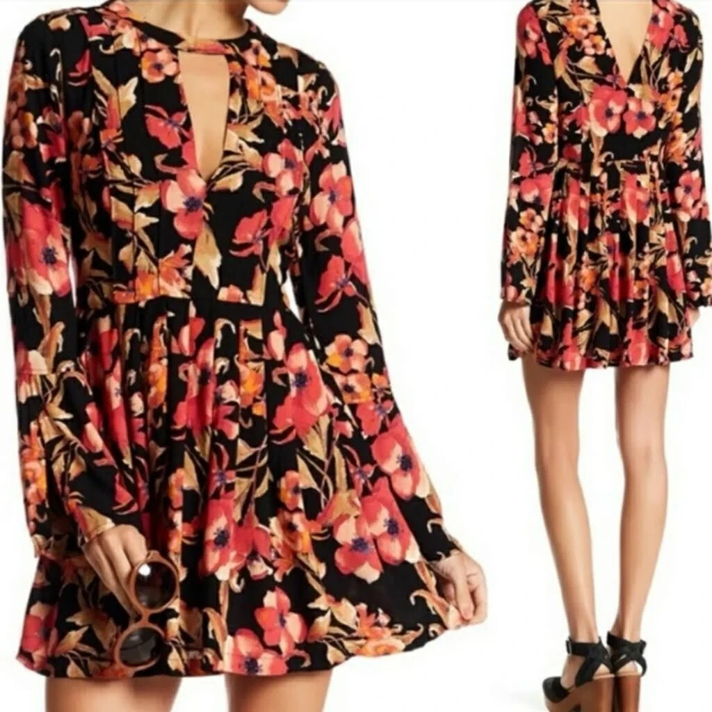 Free People Tegan Black Orange Floral Bell Long Sleeve Fit Flare Mini Dress Sz 0