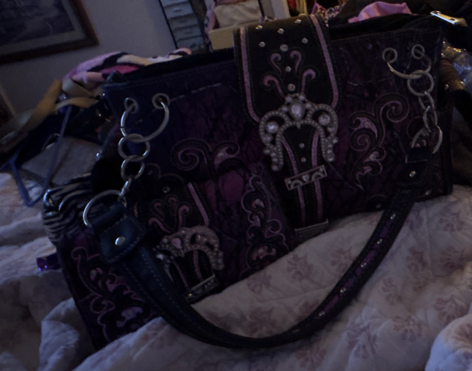 Purple Black Western Shoulder Bag Set with Buckle Accent, Studded