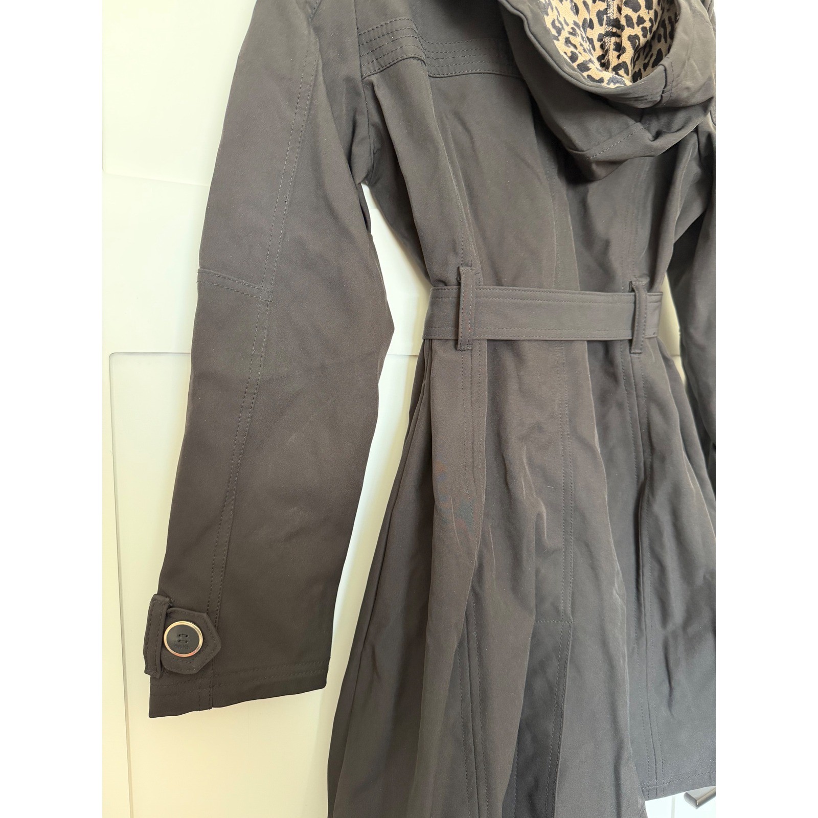 Nicole Miller New York Trench Coat Black Belted Leopard Hood Moto Zip Womens M