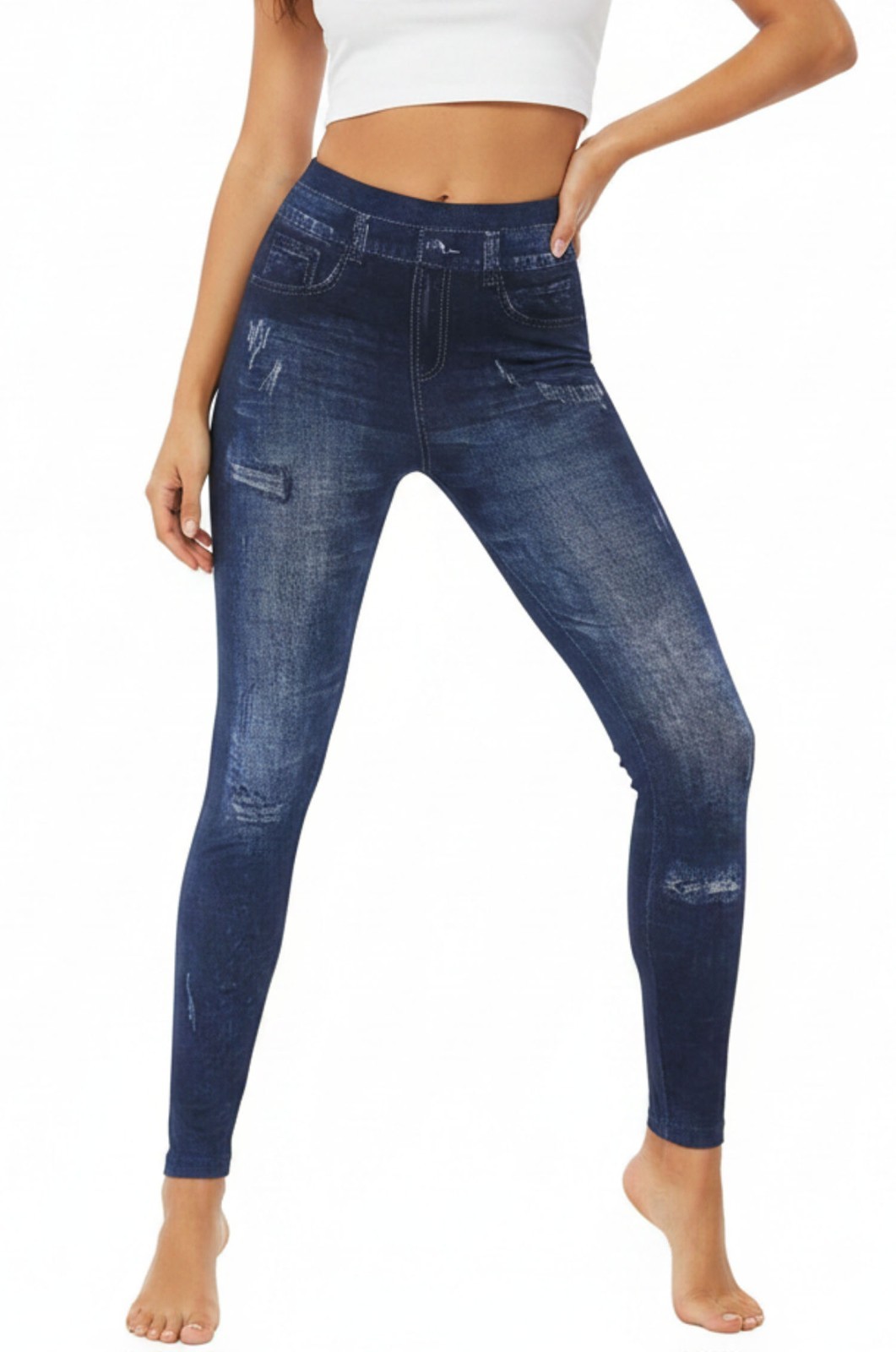 Womens Solid Plain Classic Denim Print Fake Faux Jeans Leggings Stretchy Pants