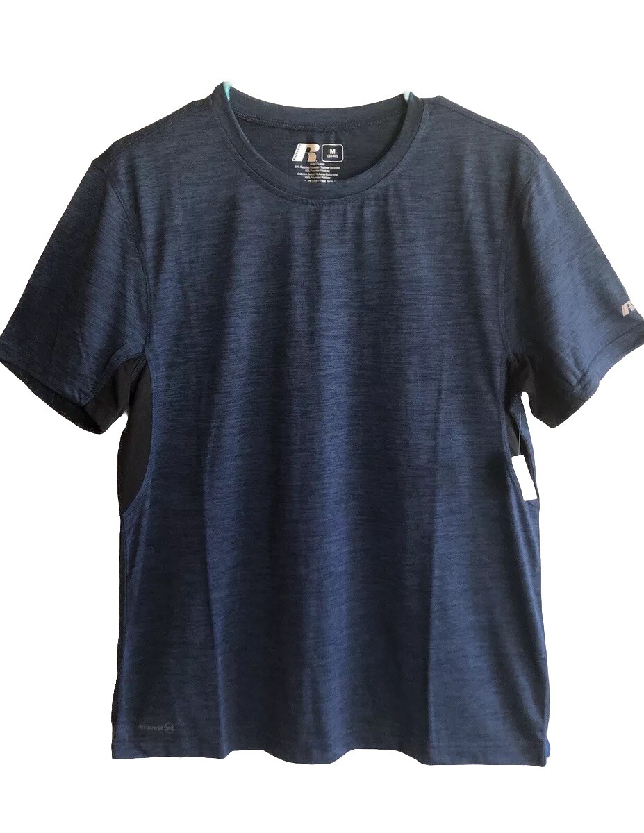 RUSSELL Mens Dri Power 360 T-Shirt Size Med 38-40 Blue Black Underarm Insert New