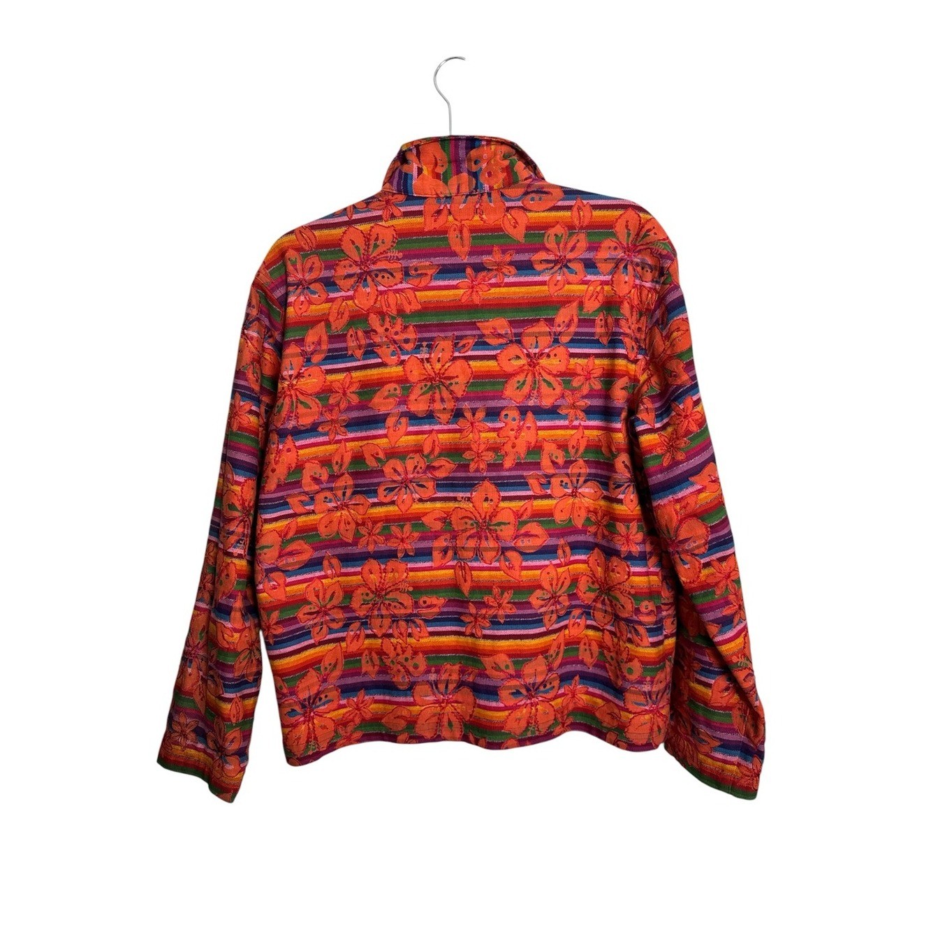 Chico’s Design Bright Orange Artsy Floral Stripe Button-Front Jacket Beaded