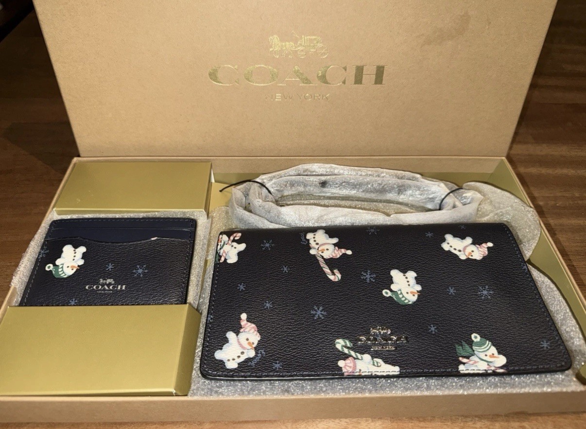 Coach Snowman Boxed Anna Foldover Clutch Crossbody And Card Case Set New